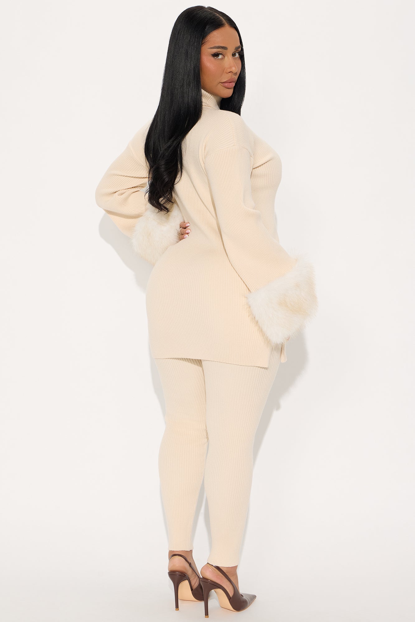 Carrie Faux Fur Trim Pant Set - Cream