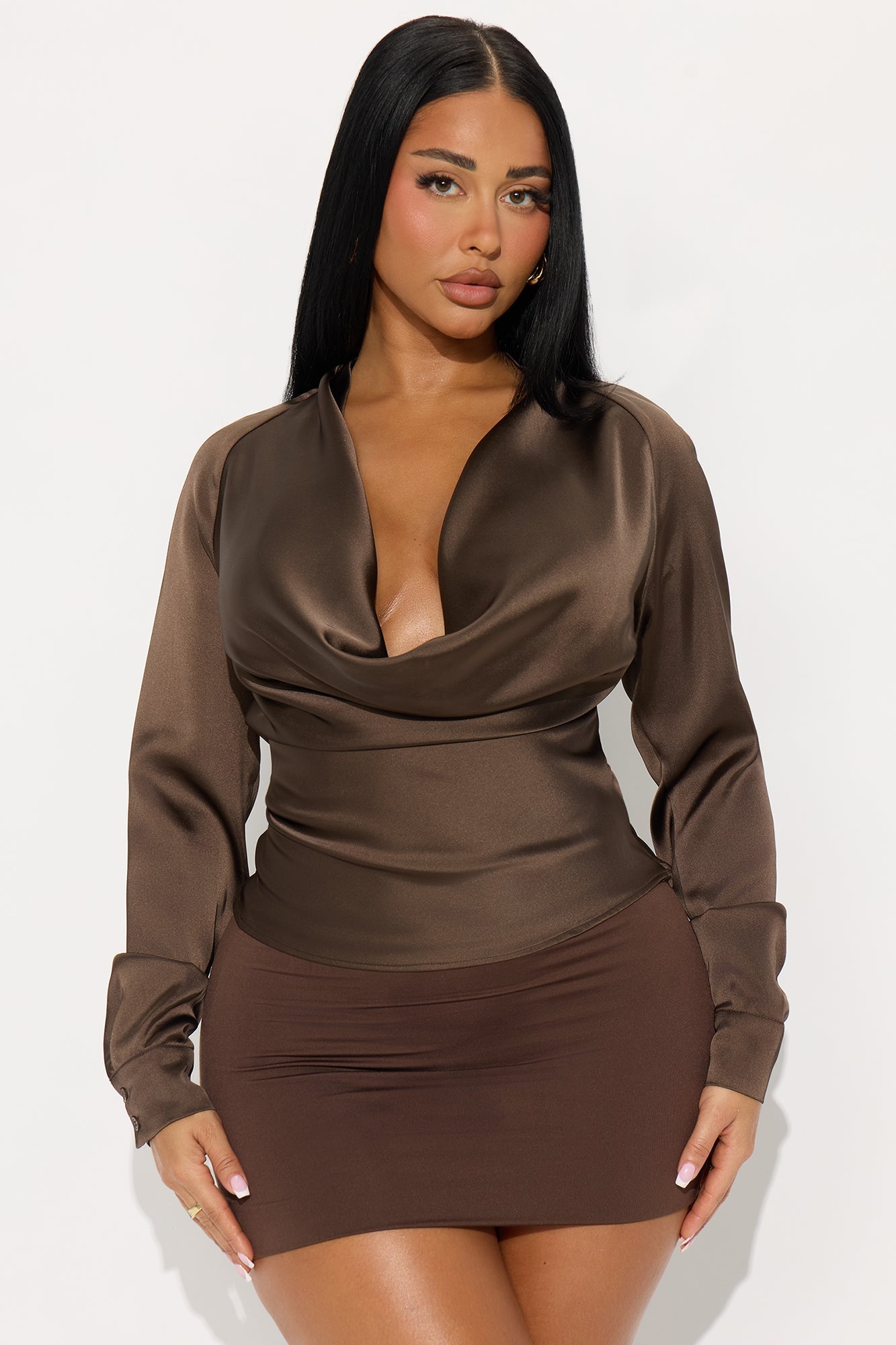 Evianna Cowl Neck Open Back Satin Top - Brown