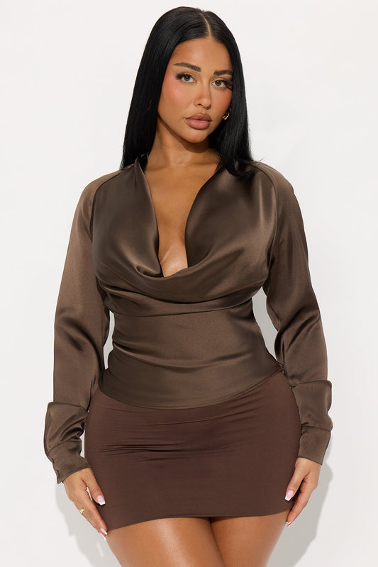 Evianna Cowl Neck Open Back Satin Top - Brown