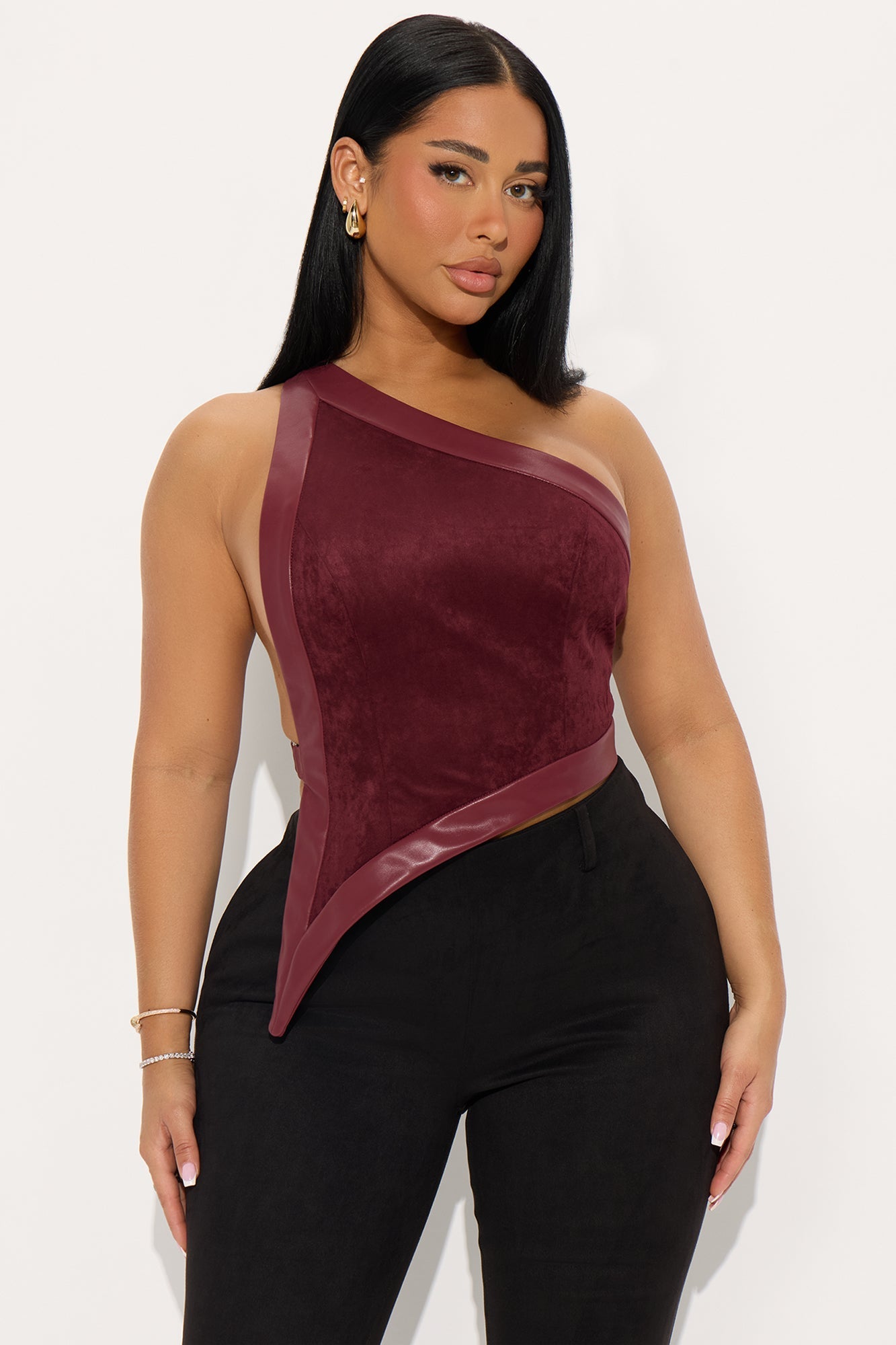 Keep It Spicy Asymmetrical Faux Suede Top - Burgundy