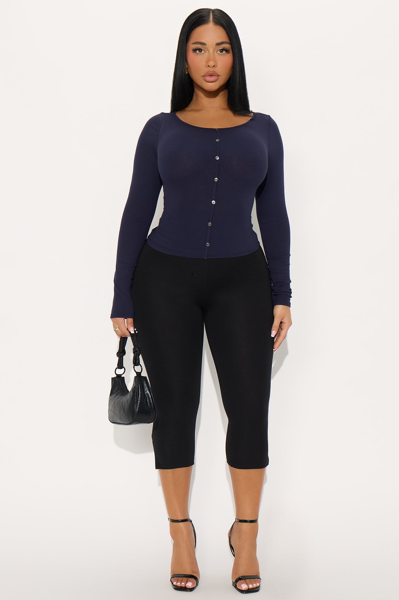 Daniella Ribbed Button Up Long Sleeve Top - Navy