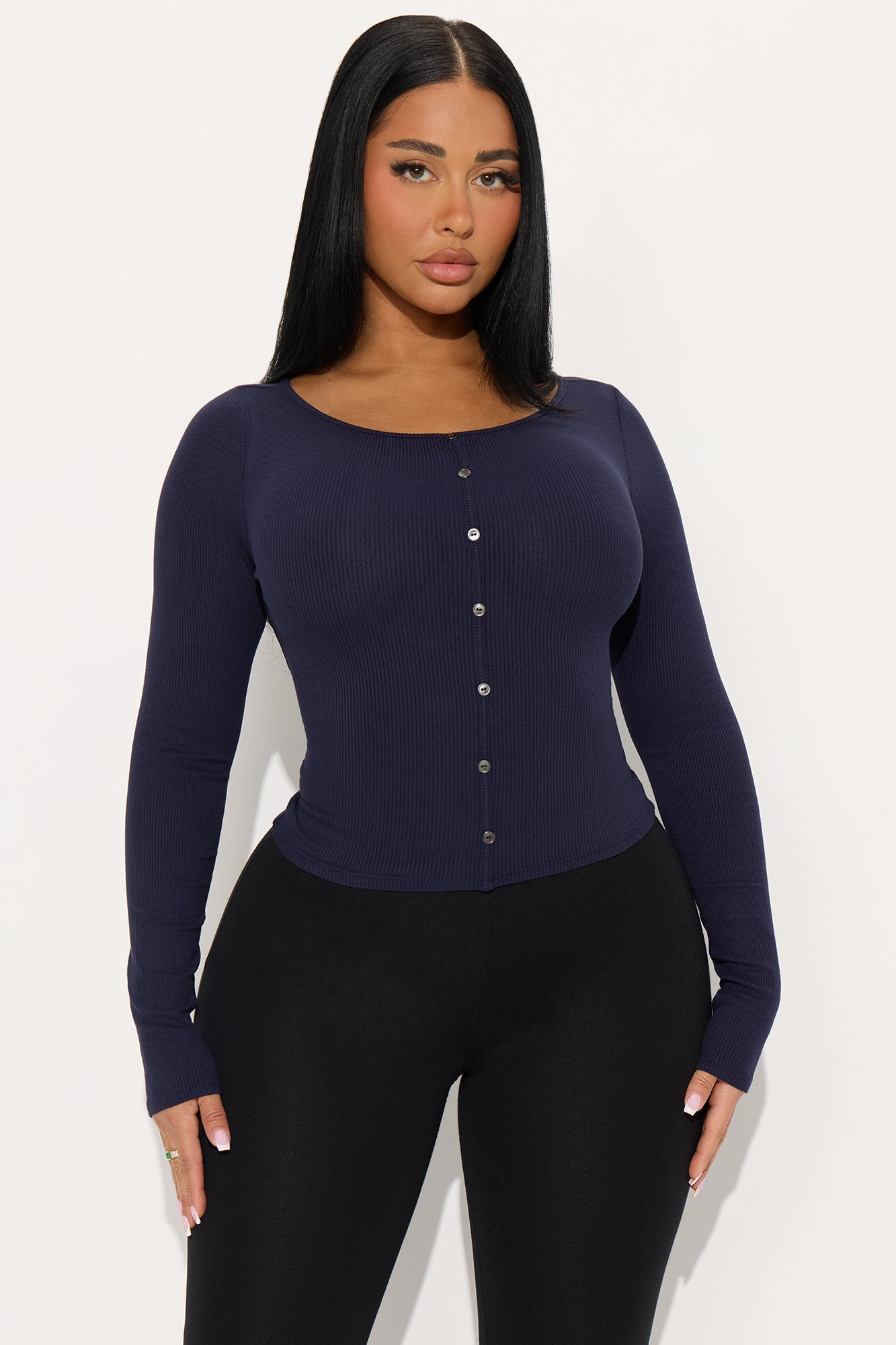 Daniella Ribbed Button Up Long Sleeve Top - Navy