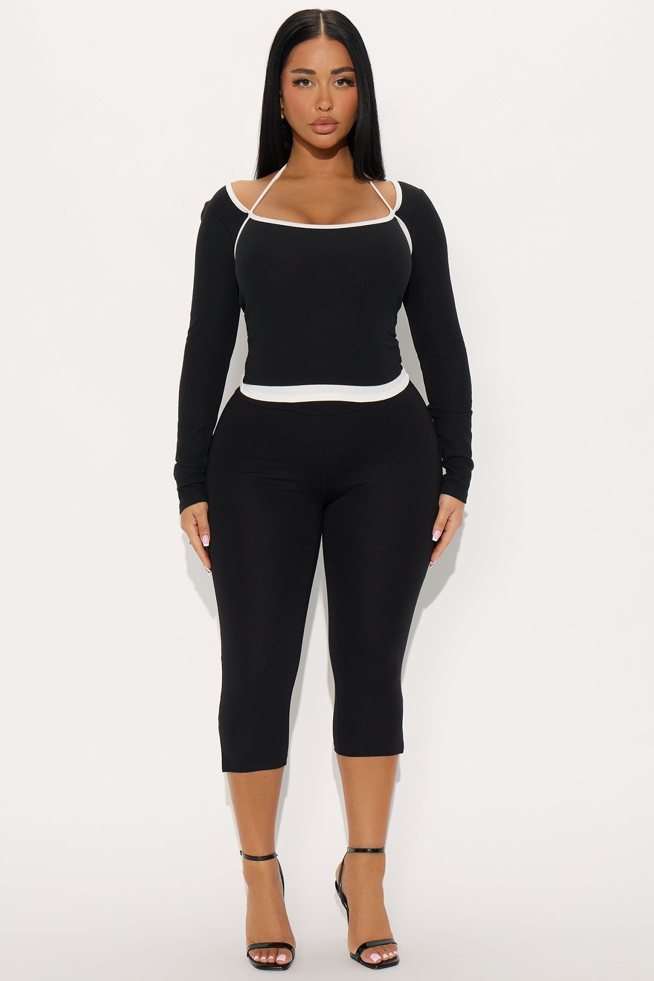 Terra Ribbed Long Sleeve Baby Tee - Black/White