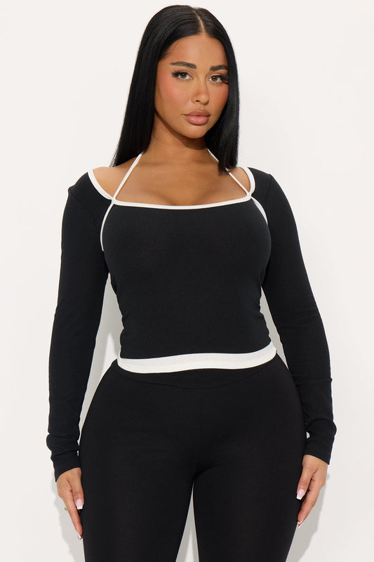 Terra Ribbed Long Sleeve Baby Tee - Black/White