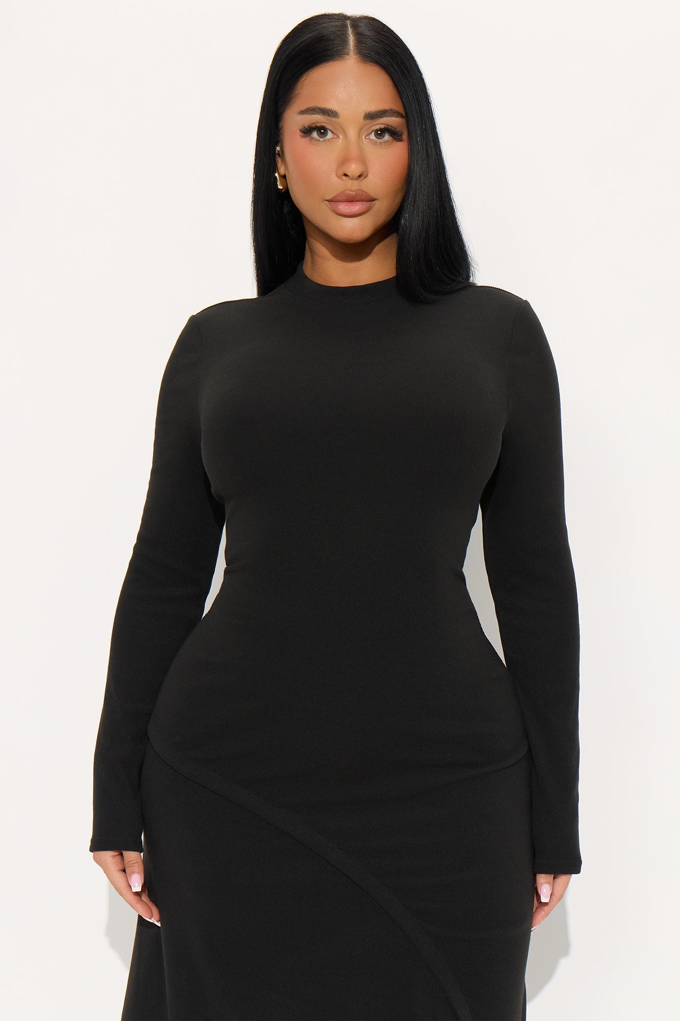 Anika Long Sleeve Ribbed Midi Dress - Black