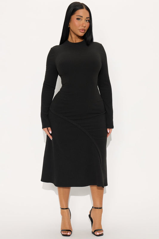 Anika Long Sleeve Ribbed Midi Dress - Black