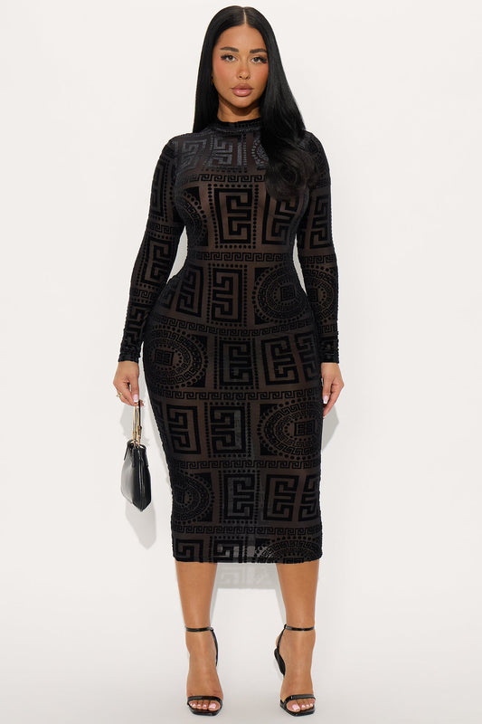 Remy Velvet Burnout Midi Dress - Black