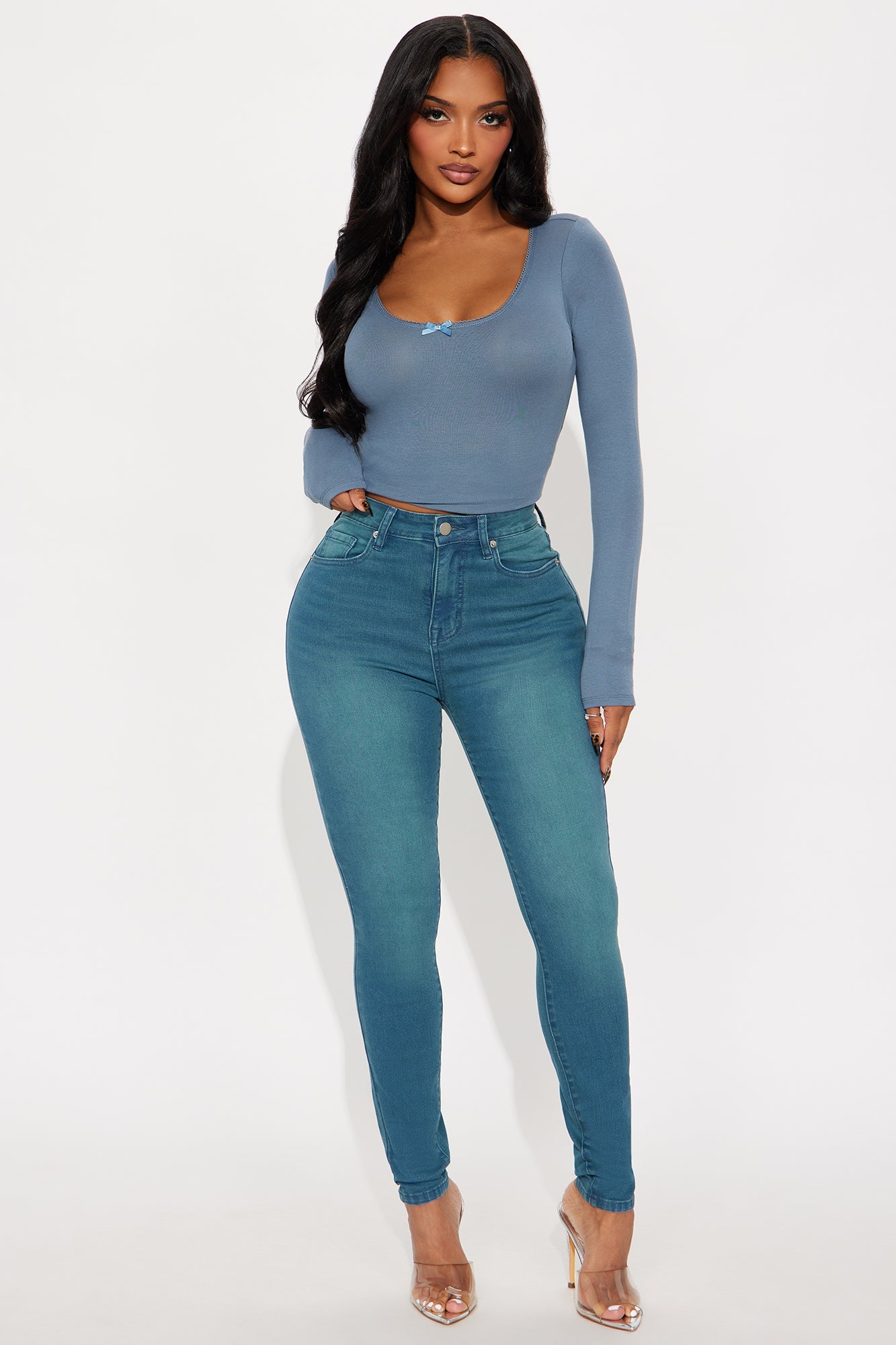 Tanya Ribbed Long Sleeve Top - Slate Blue