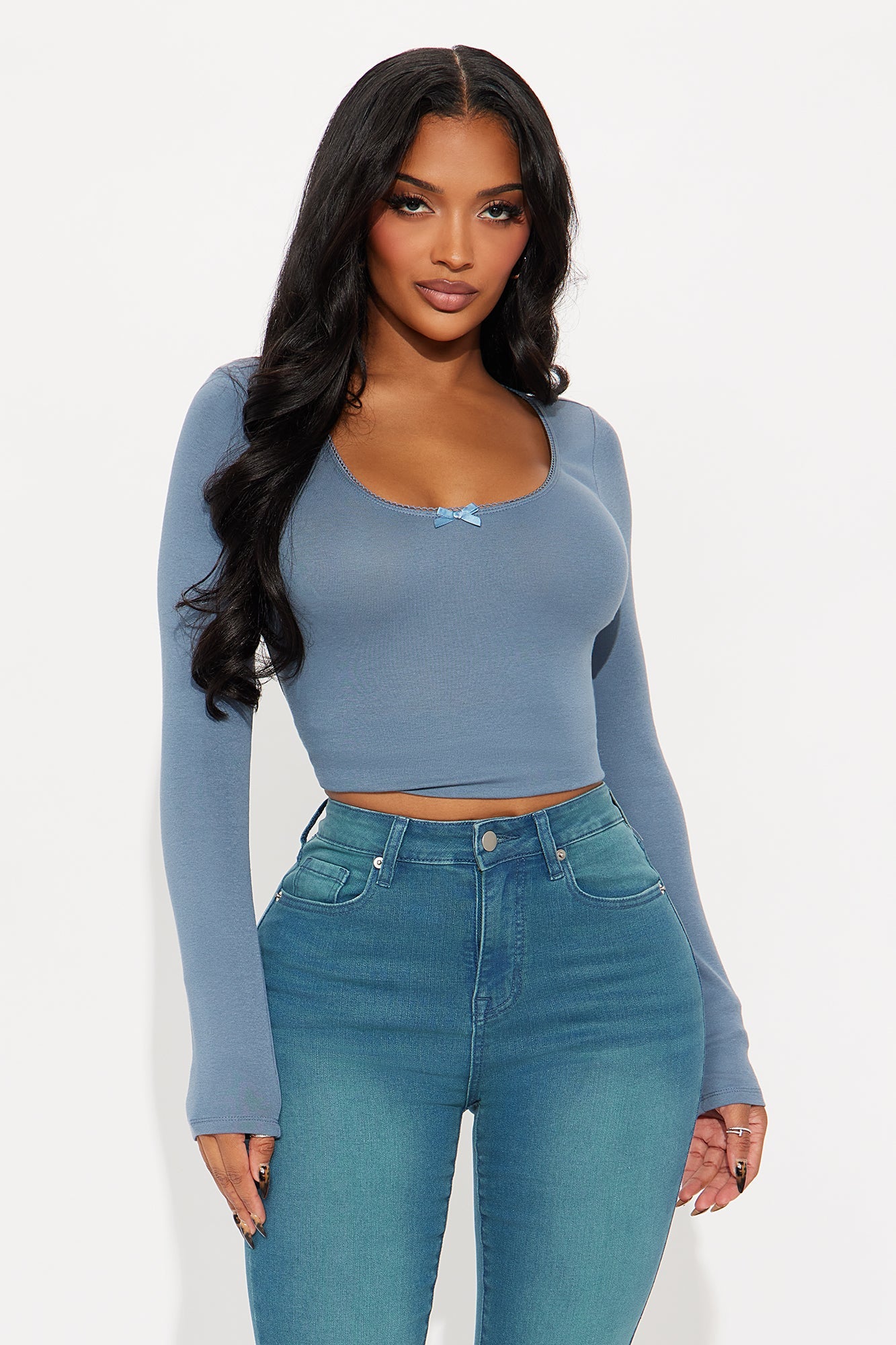 Tanya Ribbed Long Sleeve Top - Slate Blue