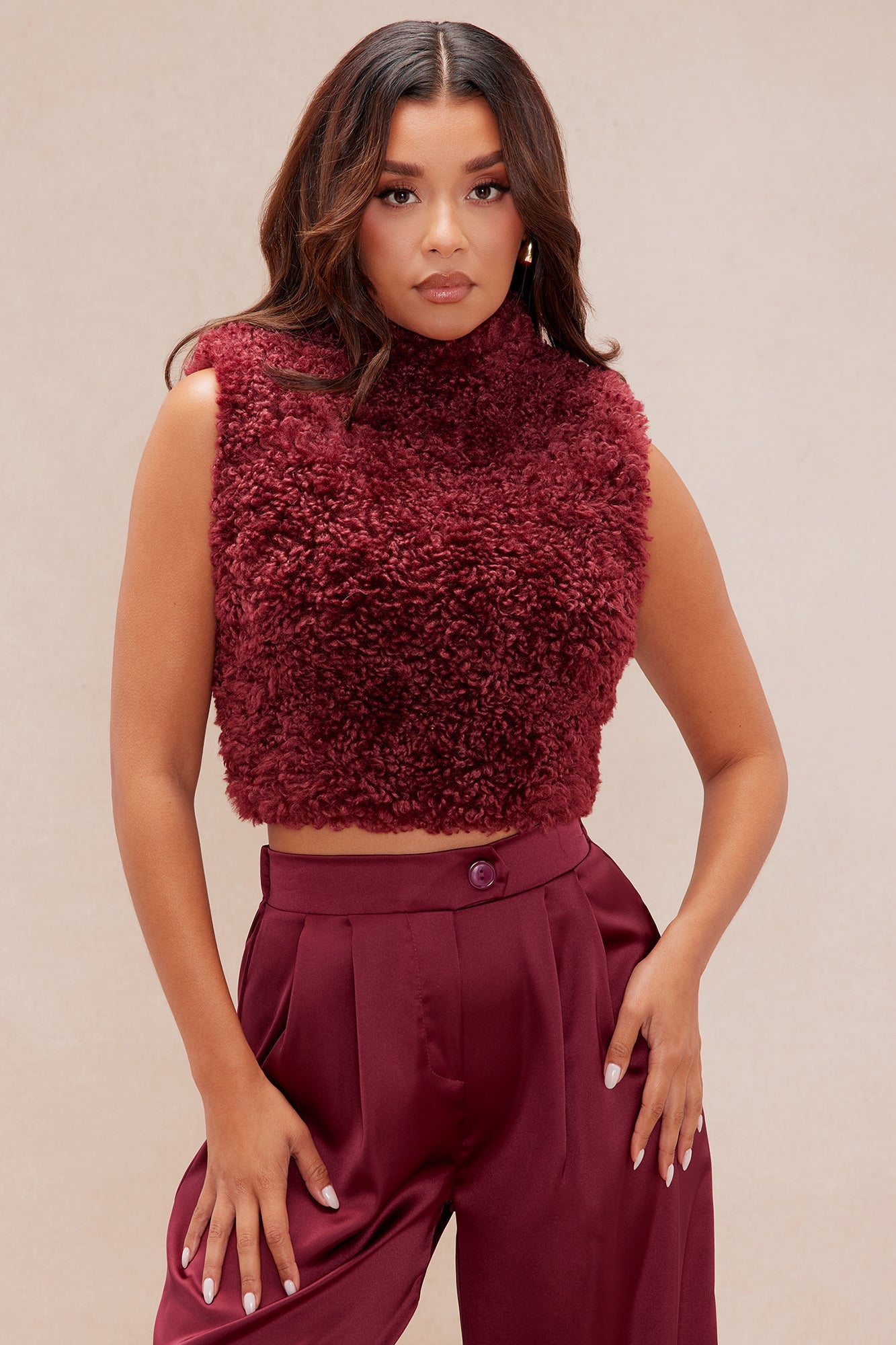 Iconic Sleeveless Fur Top - Burgundy