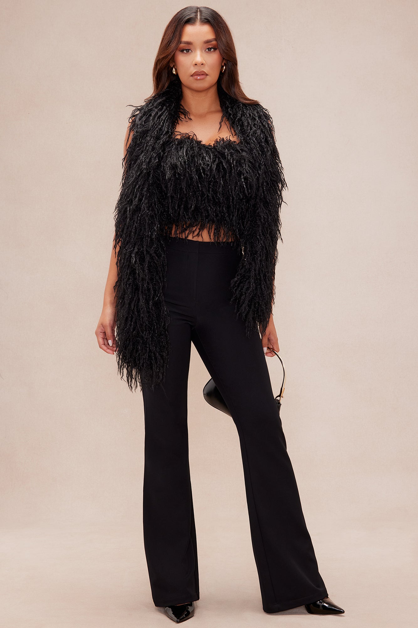 Evelyn Faux Fur Top And Scarf Set - Black