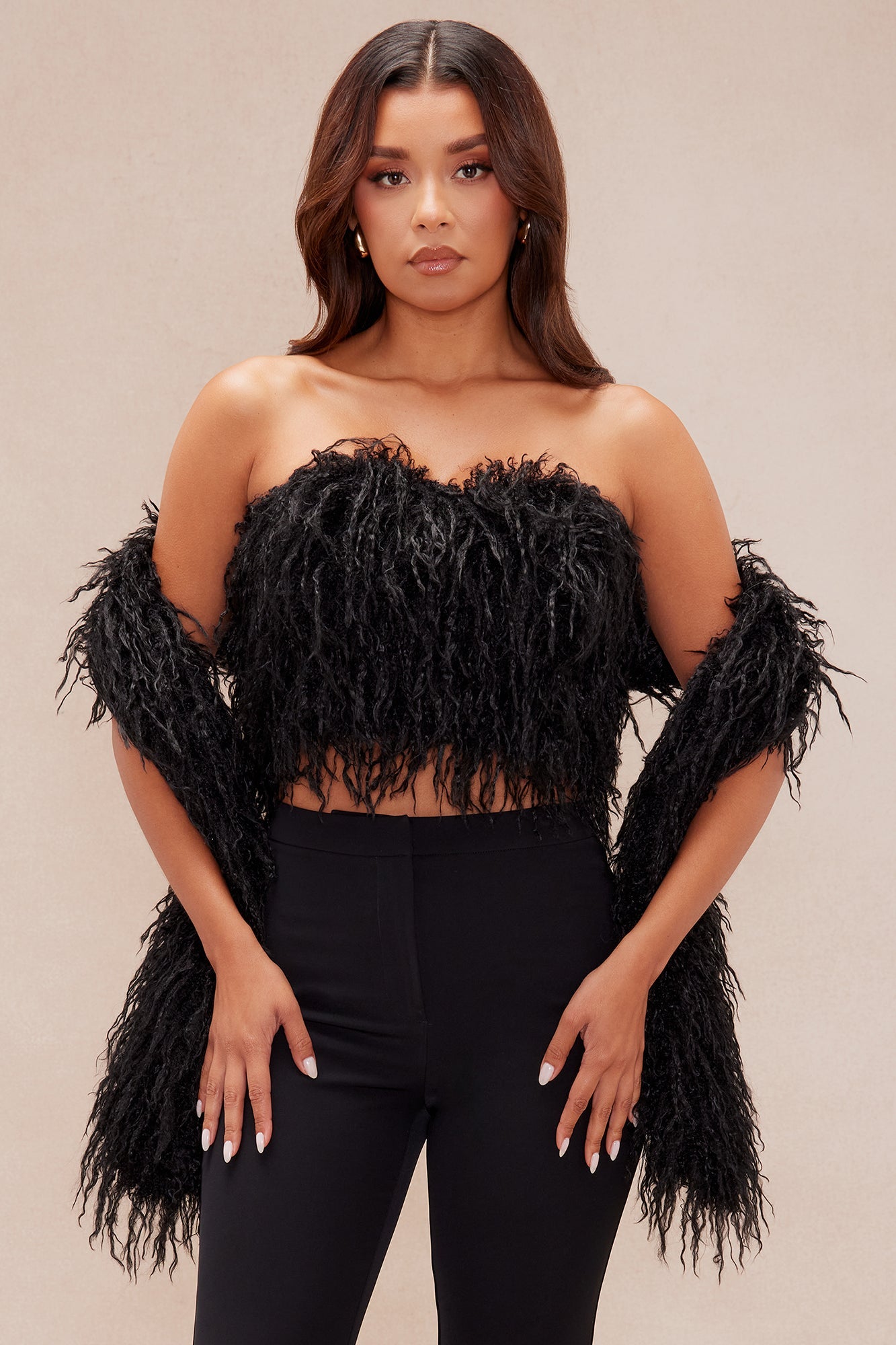 Evelyn Faux Fur Top And Scarf Set - Black