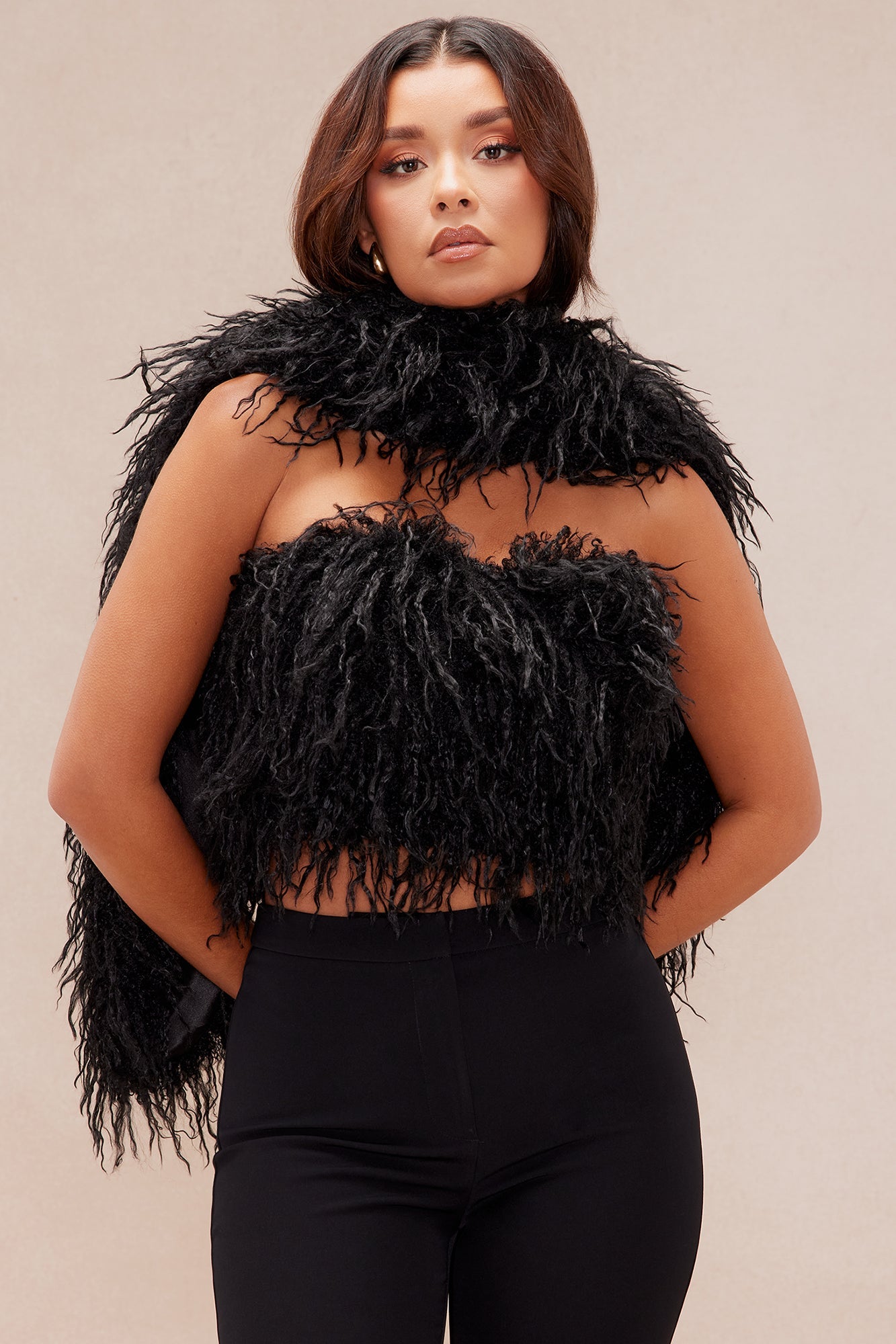 Evelyn Faux Fur Top And Scarf Set - Black