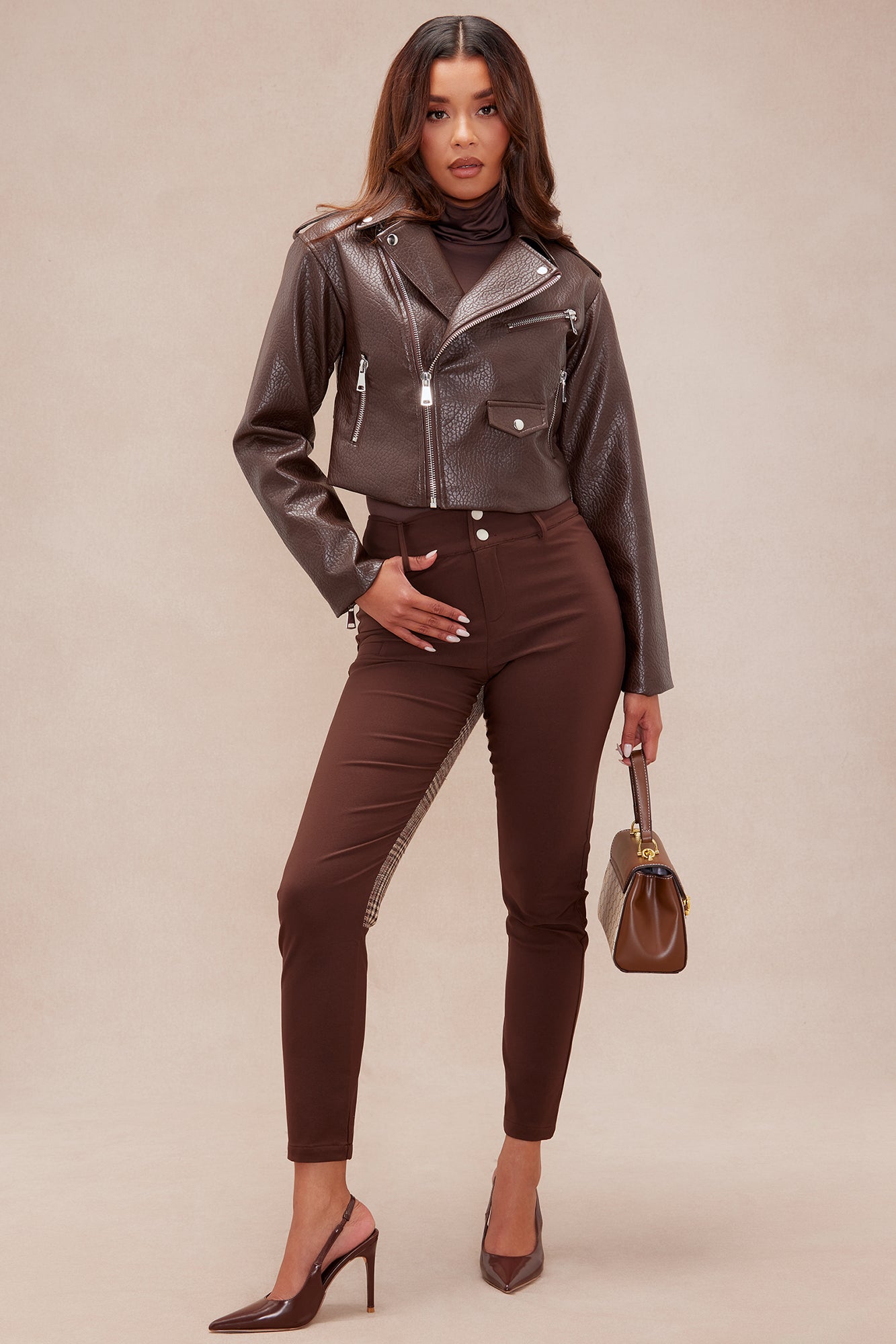 Bad Girl Attitude Cropped Faux Leather Jacket - Chocolate