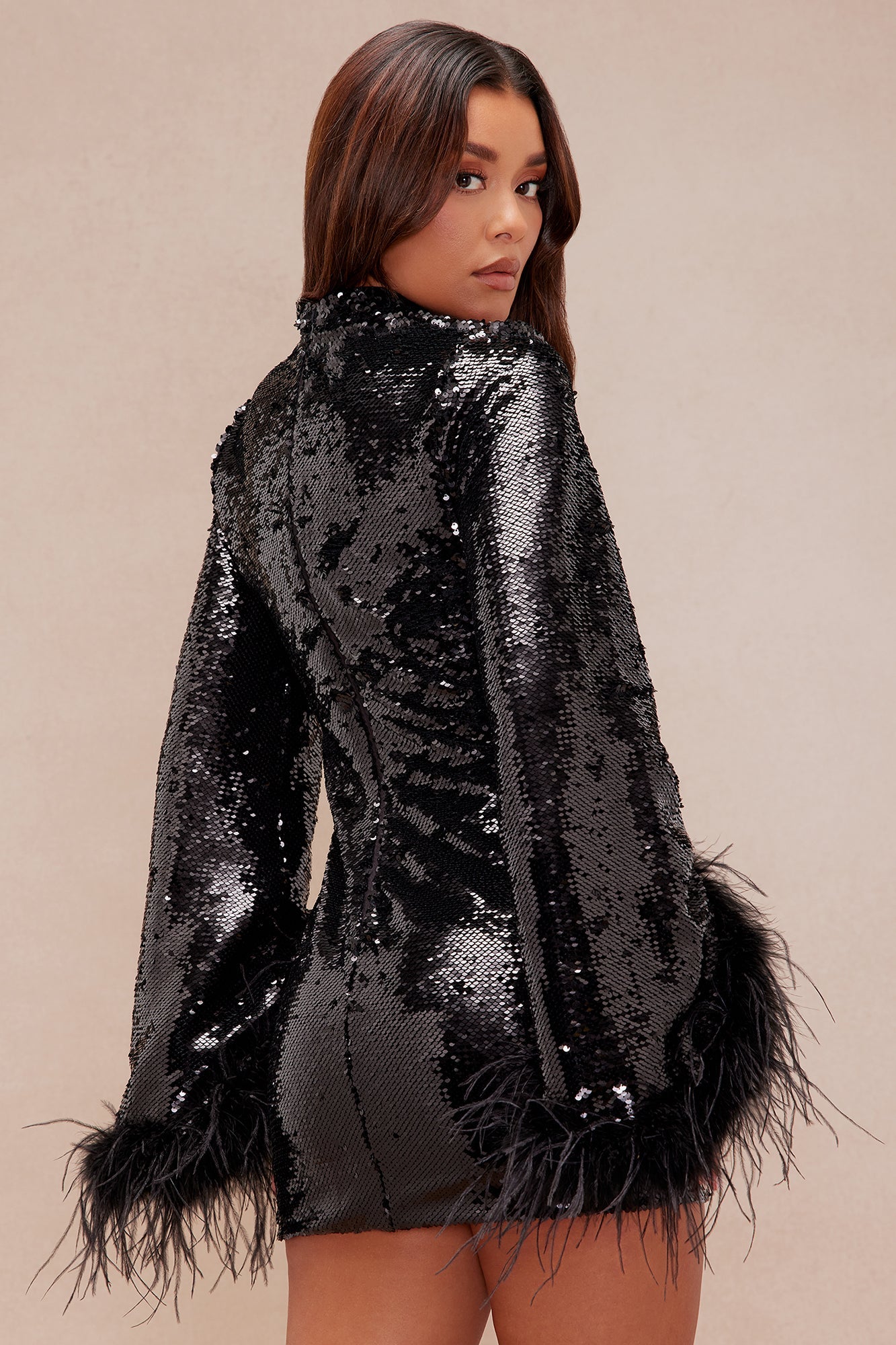 Robyn Sequin Feathered Long Sleeve Mini Dress - Black