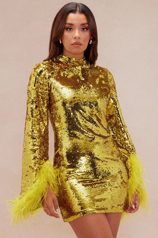 Robyn Sequin Feathered Long Sleeve Mini Dress - Chartreuse