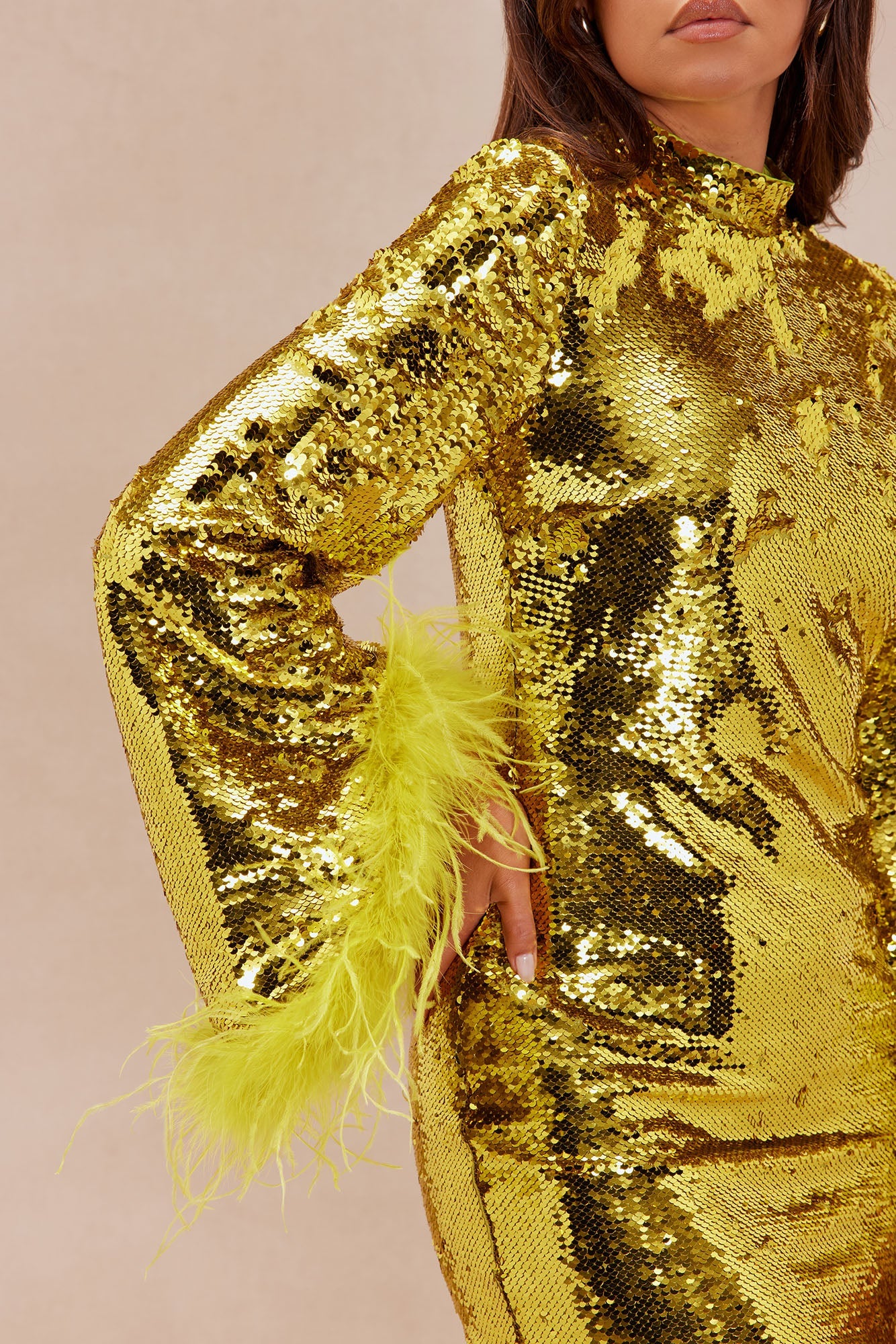 Robyn Sequin Feathered Long Sleeve Mini Dress - Chartreuse