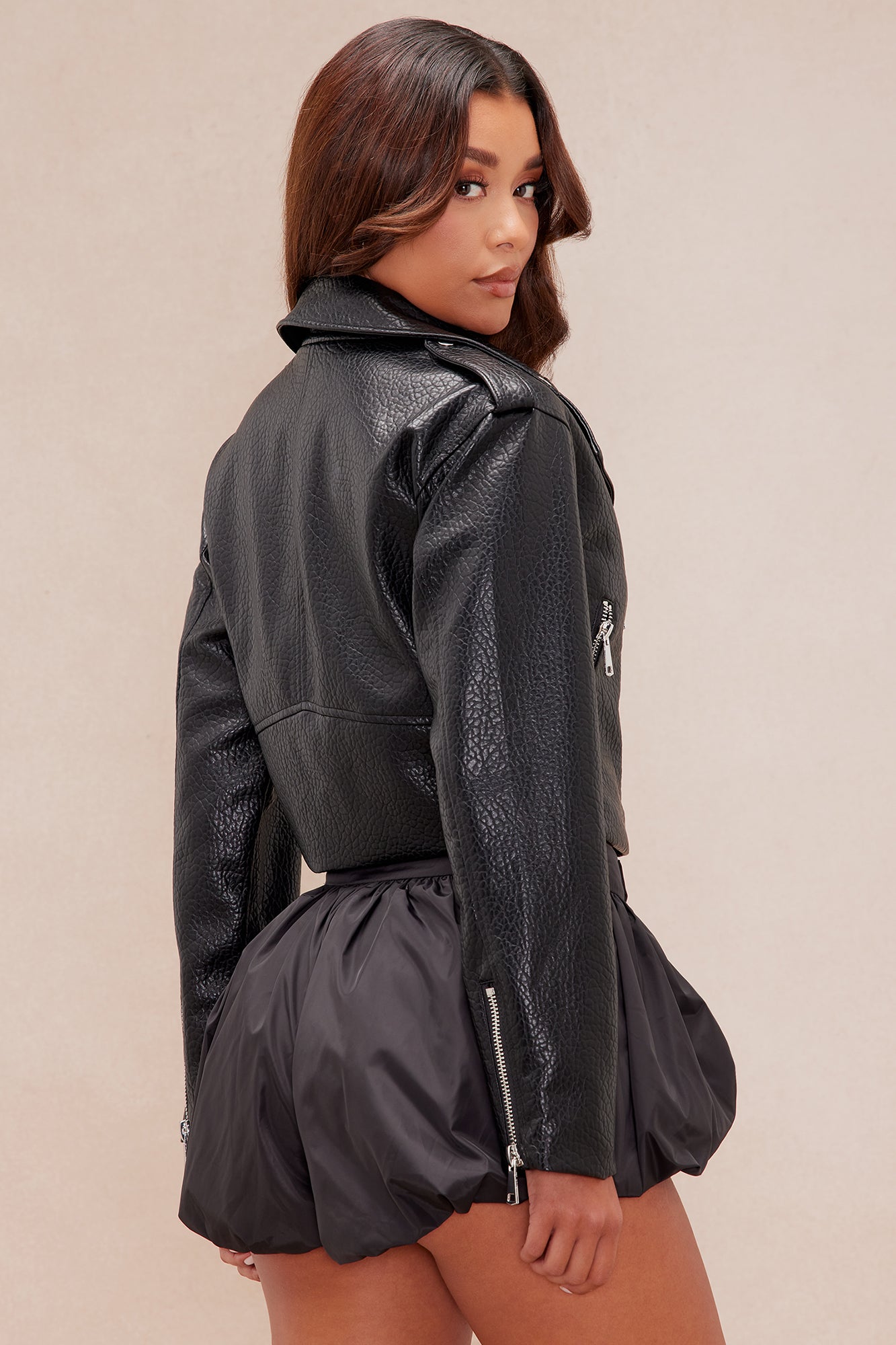 Bad Girl Attitude Cropped Faux Leather Jacket - Black