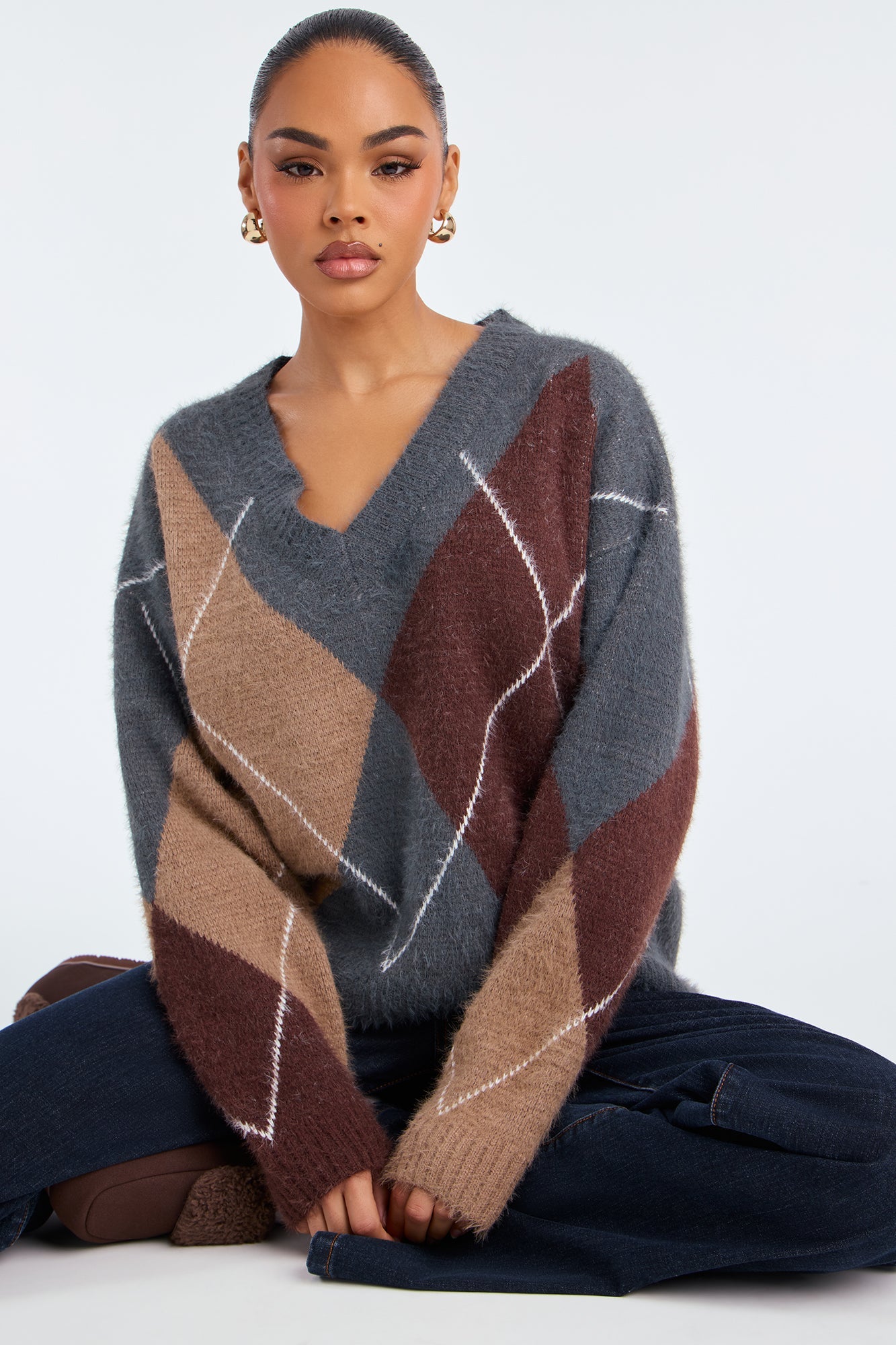 Class In Session Argyle Sweater - Charcoal/combo