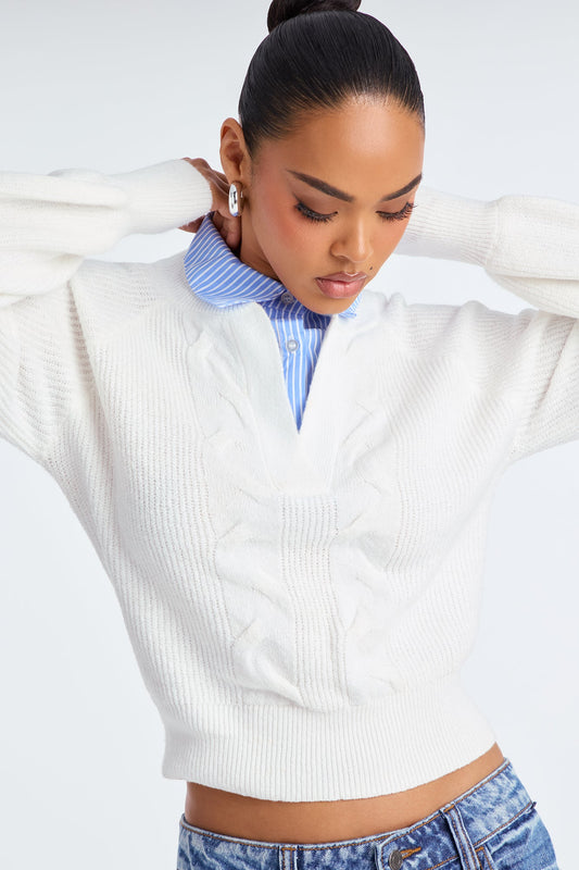 Stay Elite Pullover Collared Sweater - Ivory/combo