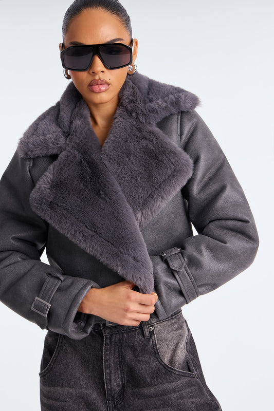 Jamie Faux Leather Moto Jacket - Grey