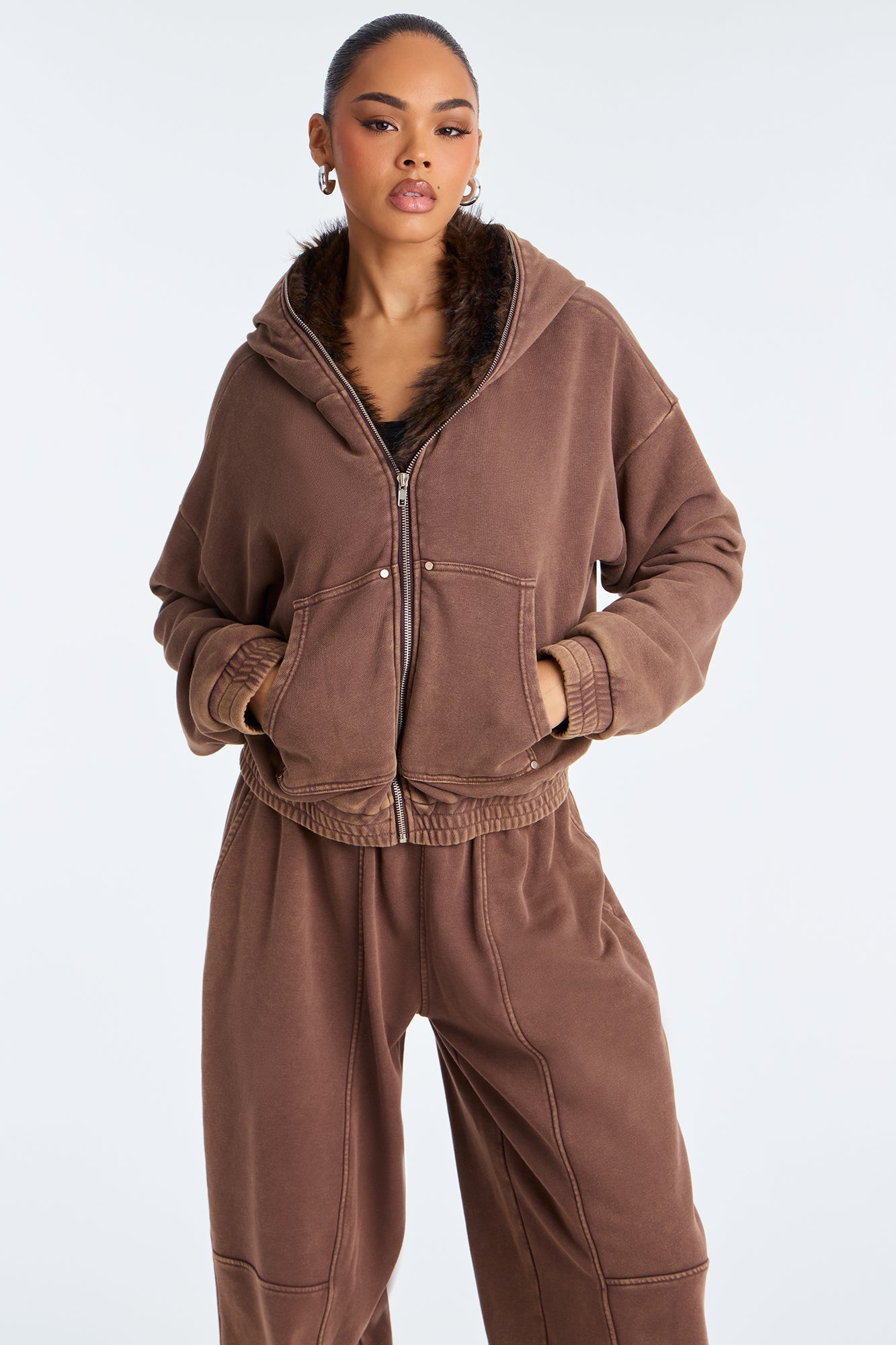 Melanie Fur Trim Pant Set - Brown