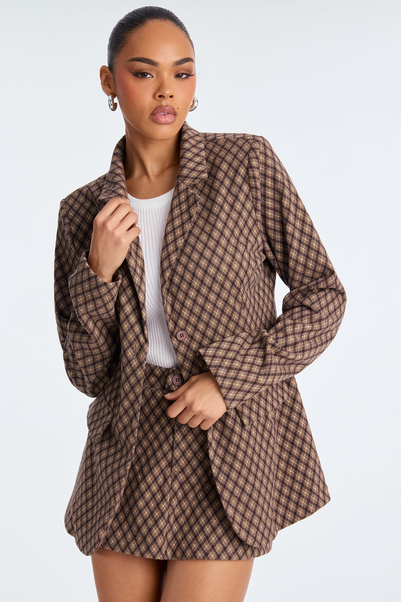 Vivian Plaid Blazer Skirt Set - Brown
