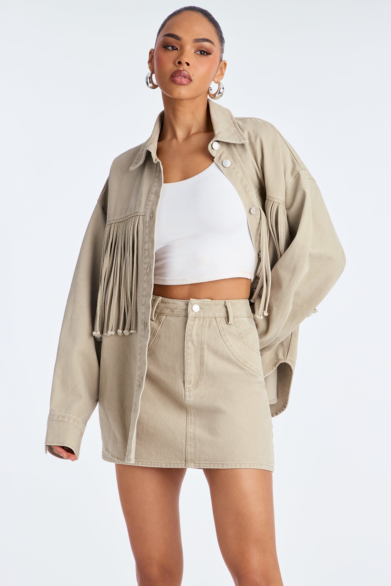 Off The Grid Twill Fringe Jacket Skirt Set - Taupe