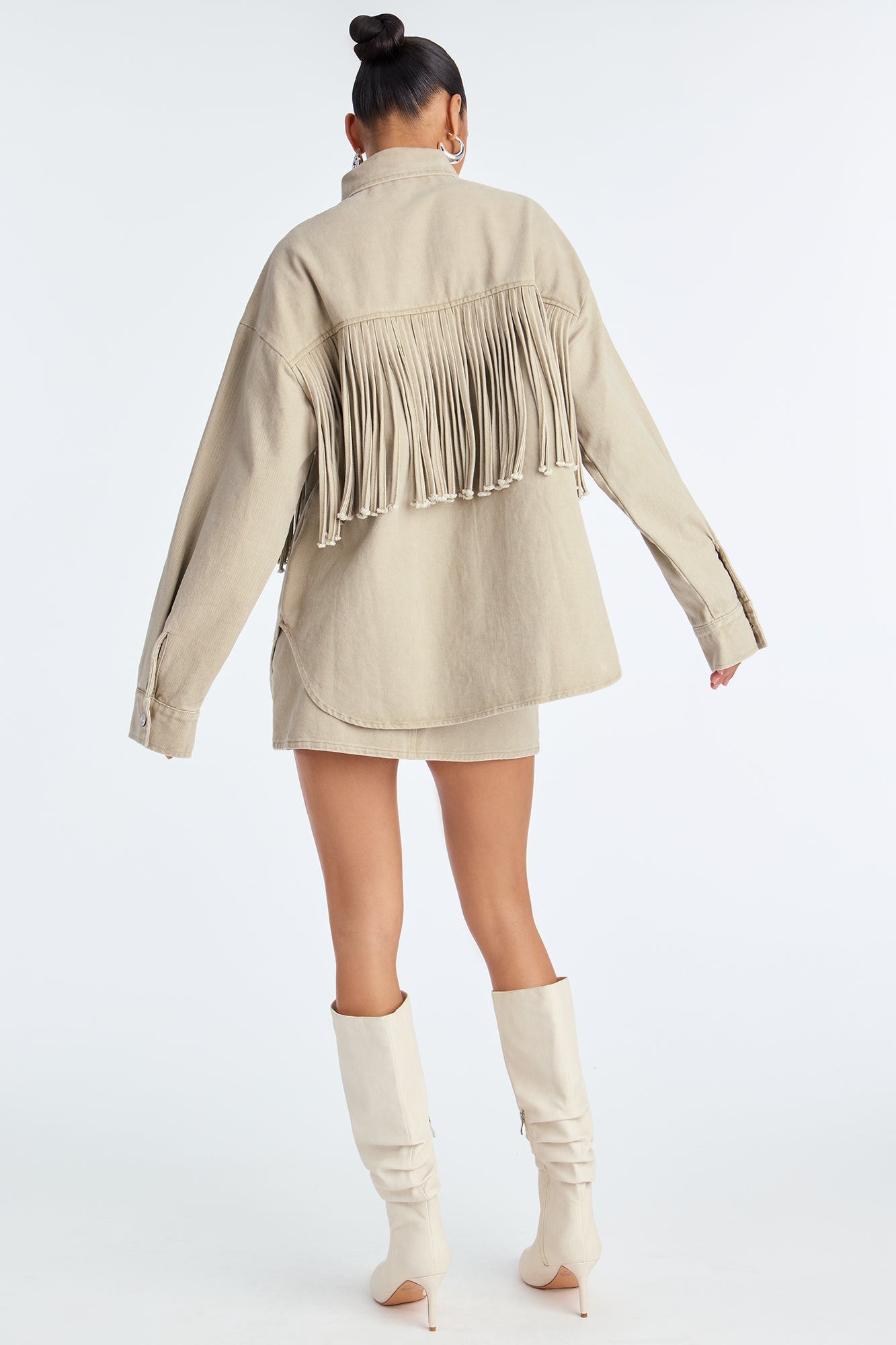 Off The Grid Twill Fringe Jacket Skirt Set - Taupe