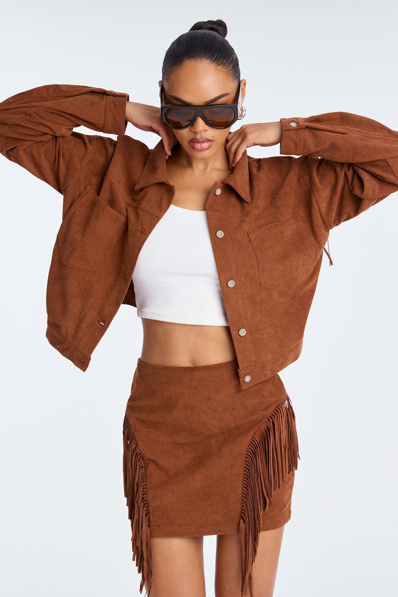 Take The Chance Corduroy Fringe Skirt Set - Rust