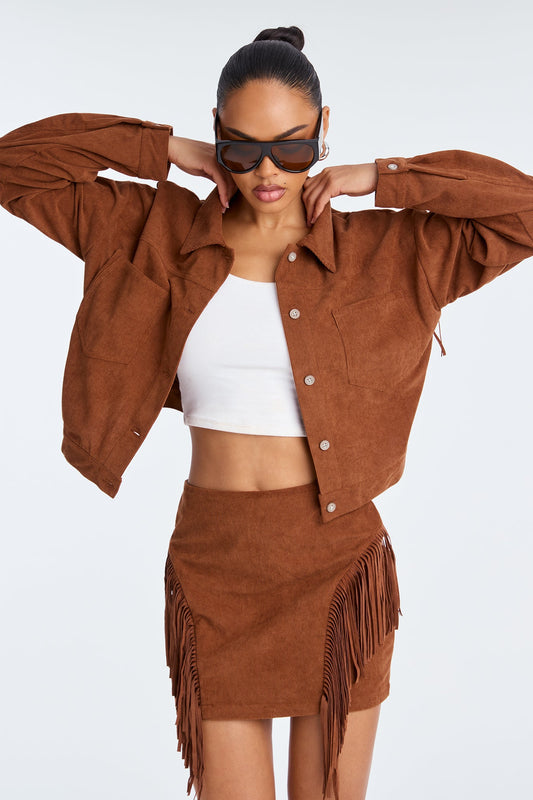 Take The Chance Corduroy Fringe Skirt Set - Rust
