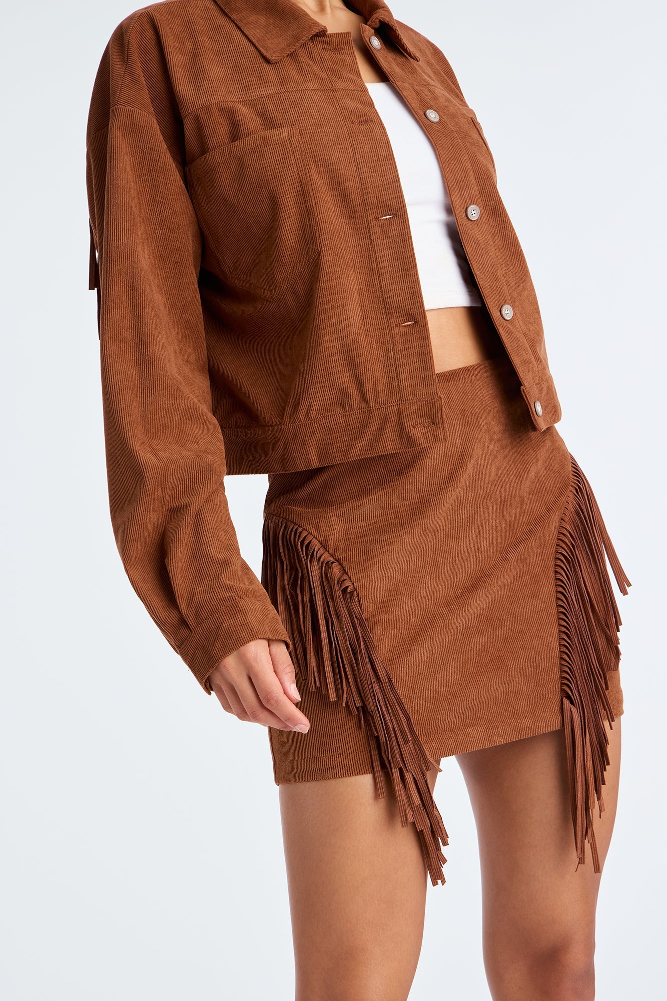 Take The Chance Corduroy Fringe Skirt Set - Rust