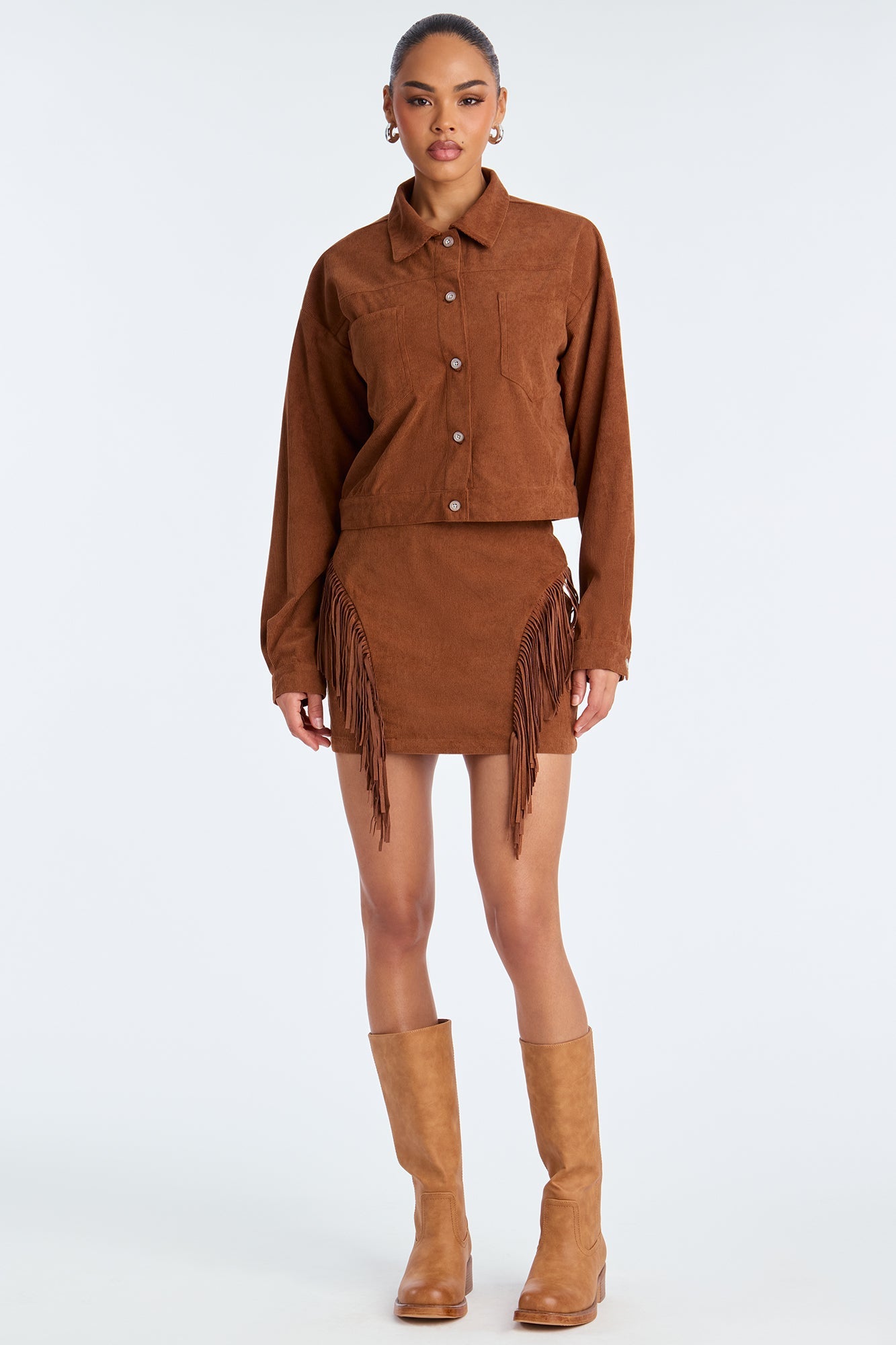 Take The Chance Corduroy Fringe Skirt Set - Rust