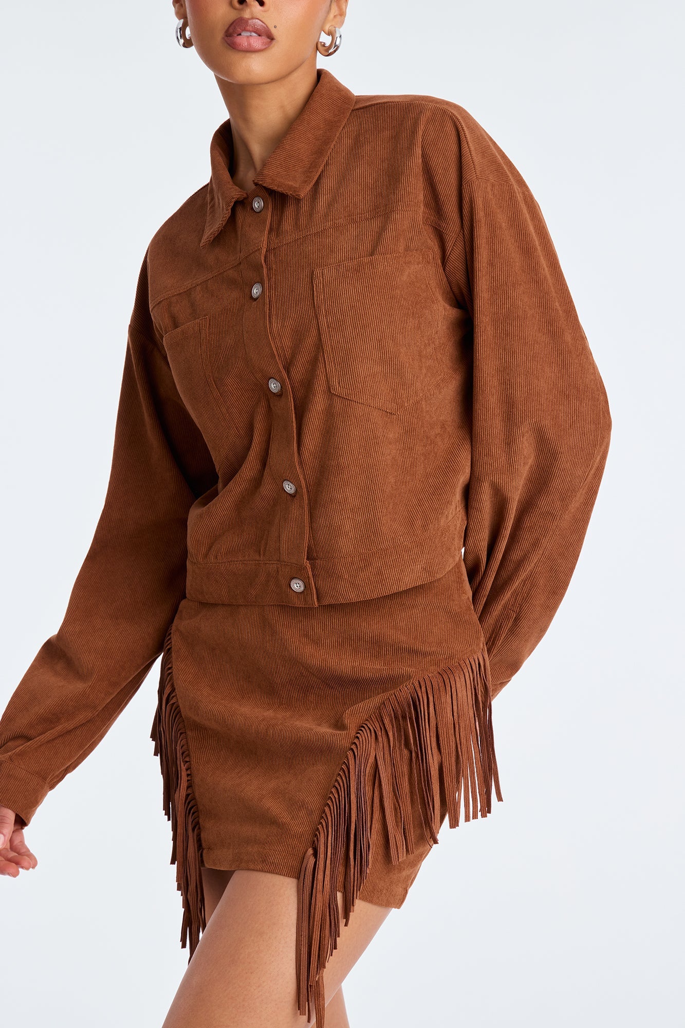Take The Chance Corduroy Fringe Skirt Set - Rust