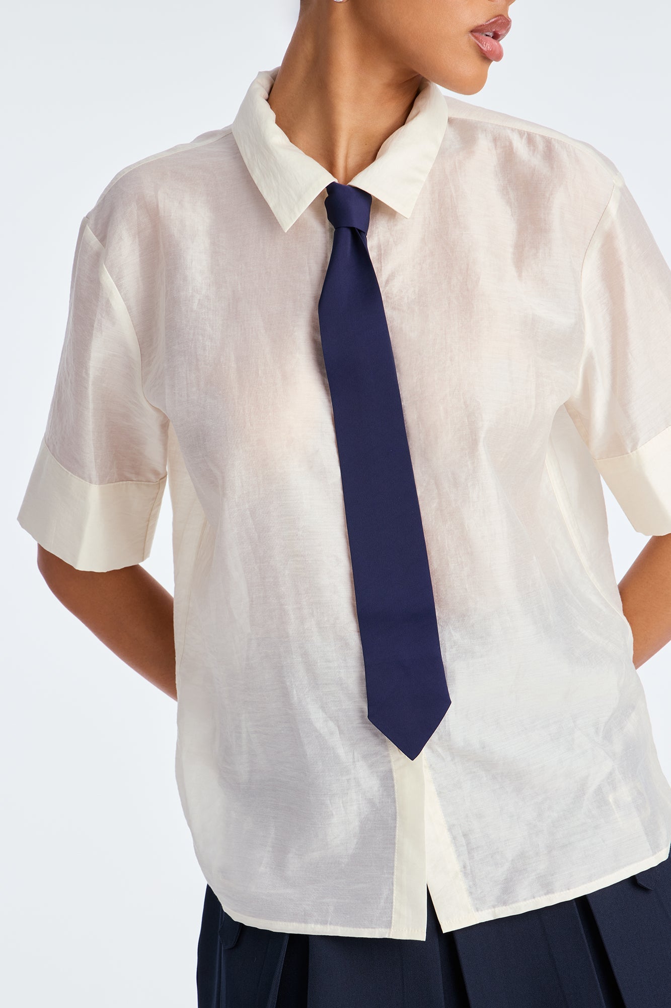 Give It A Try Neck Tie Organza Shirt - Ivory/combo