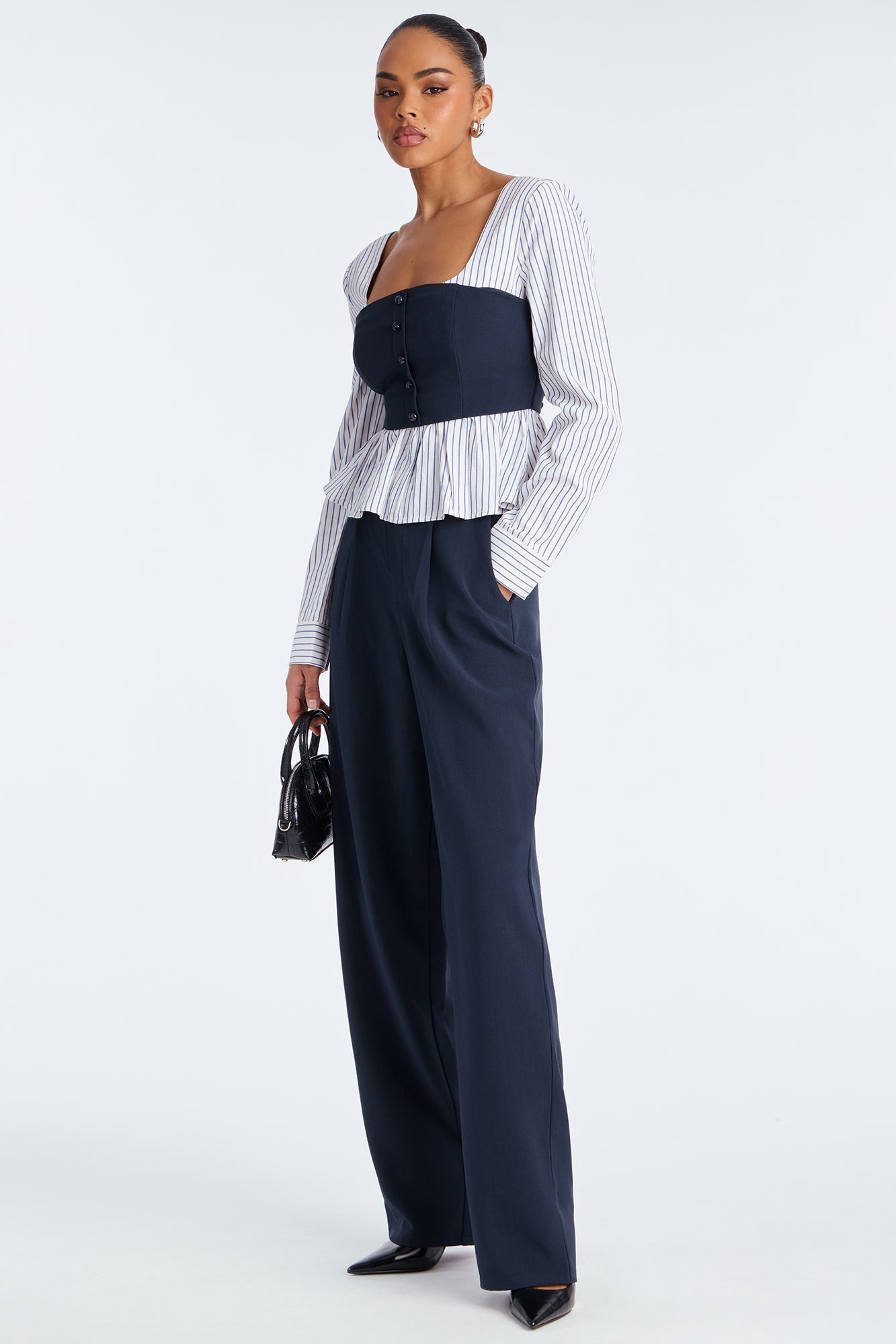 Nina Pinstripe Wide Leg Pant Set - Navy