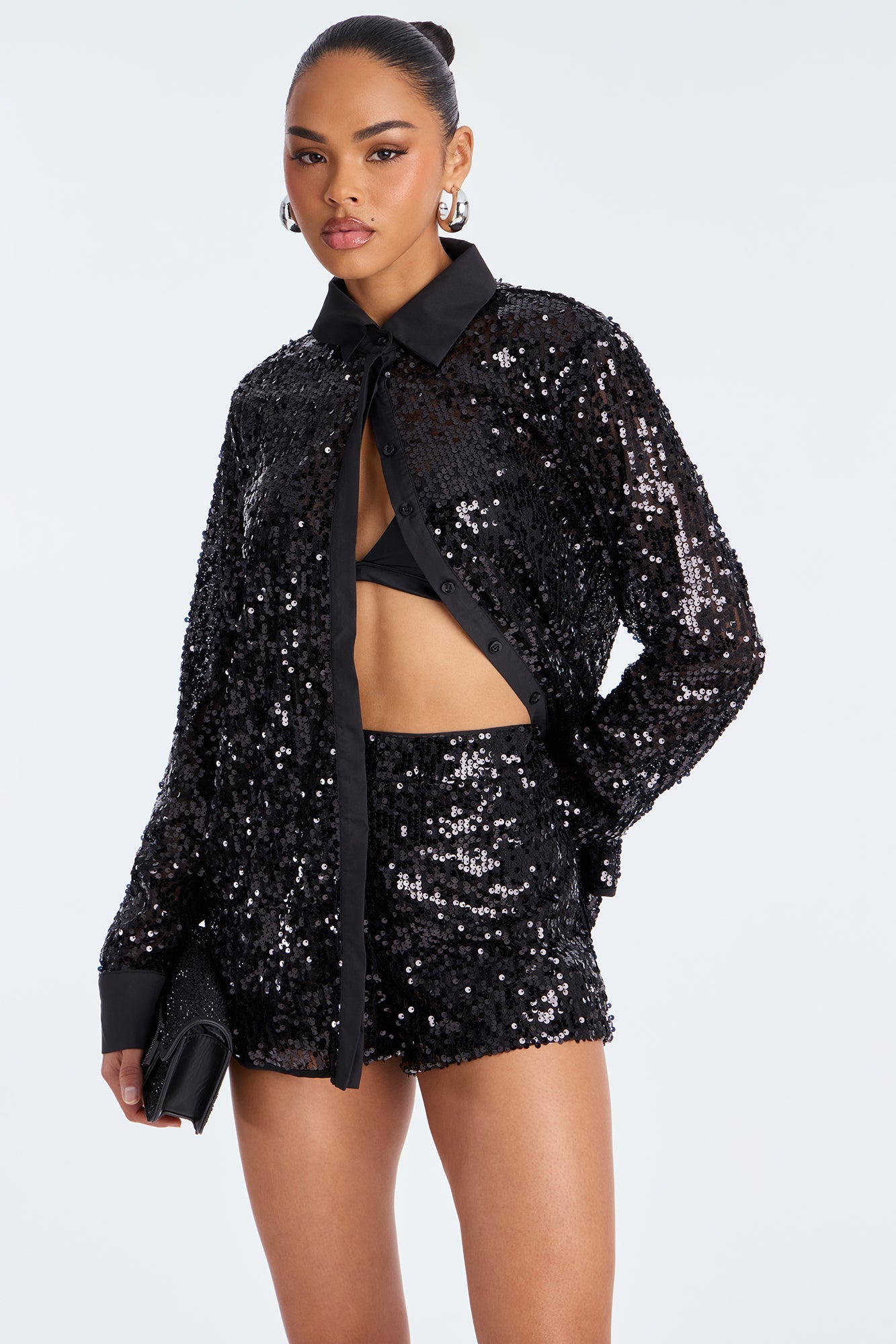 City Chic Sequin Short Set - Black