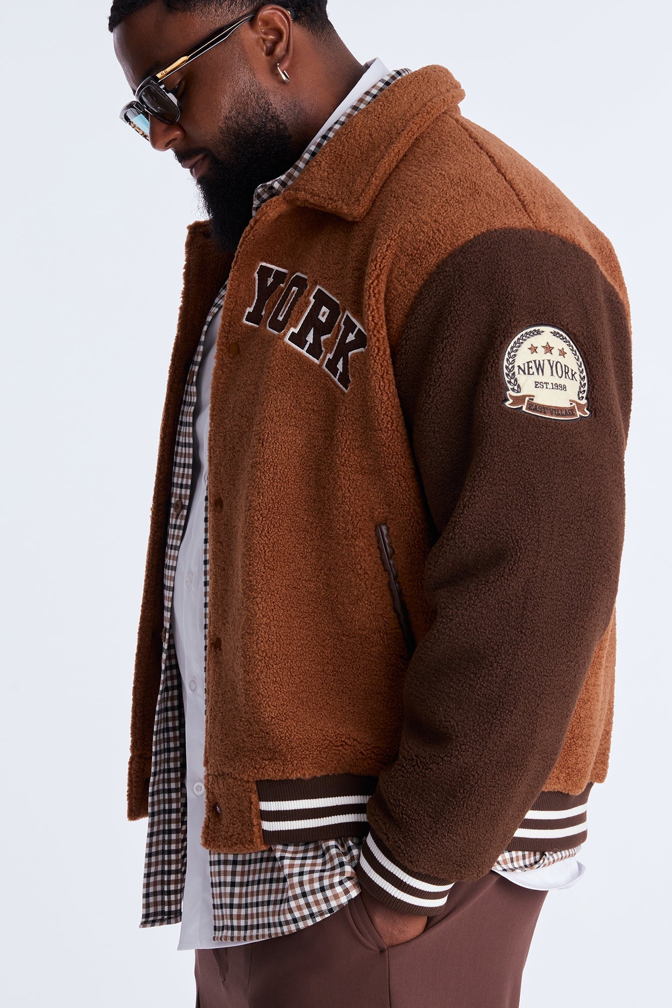 Relaxed Textured New York Sherpa Varsity Jacket - Brown/combo