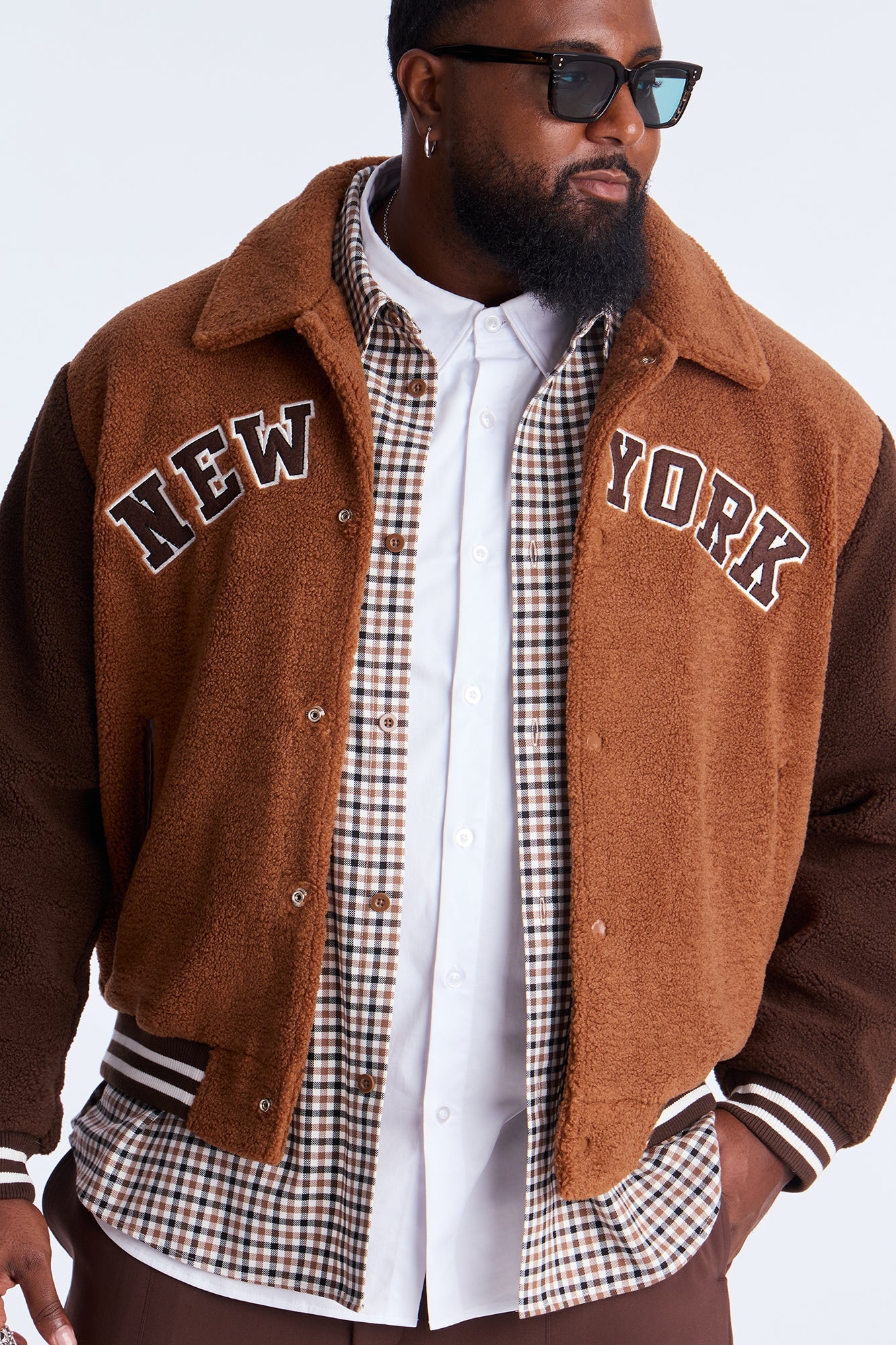 Relaxed Textured New York Sherpa Varsity Jacket - Brown/combo