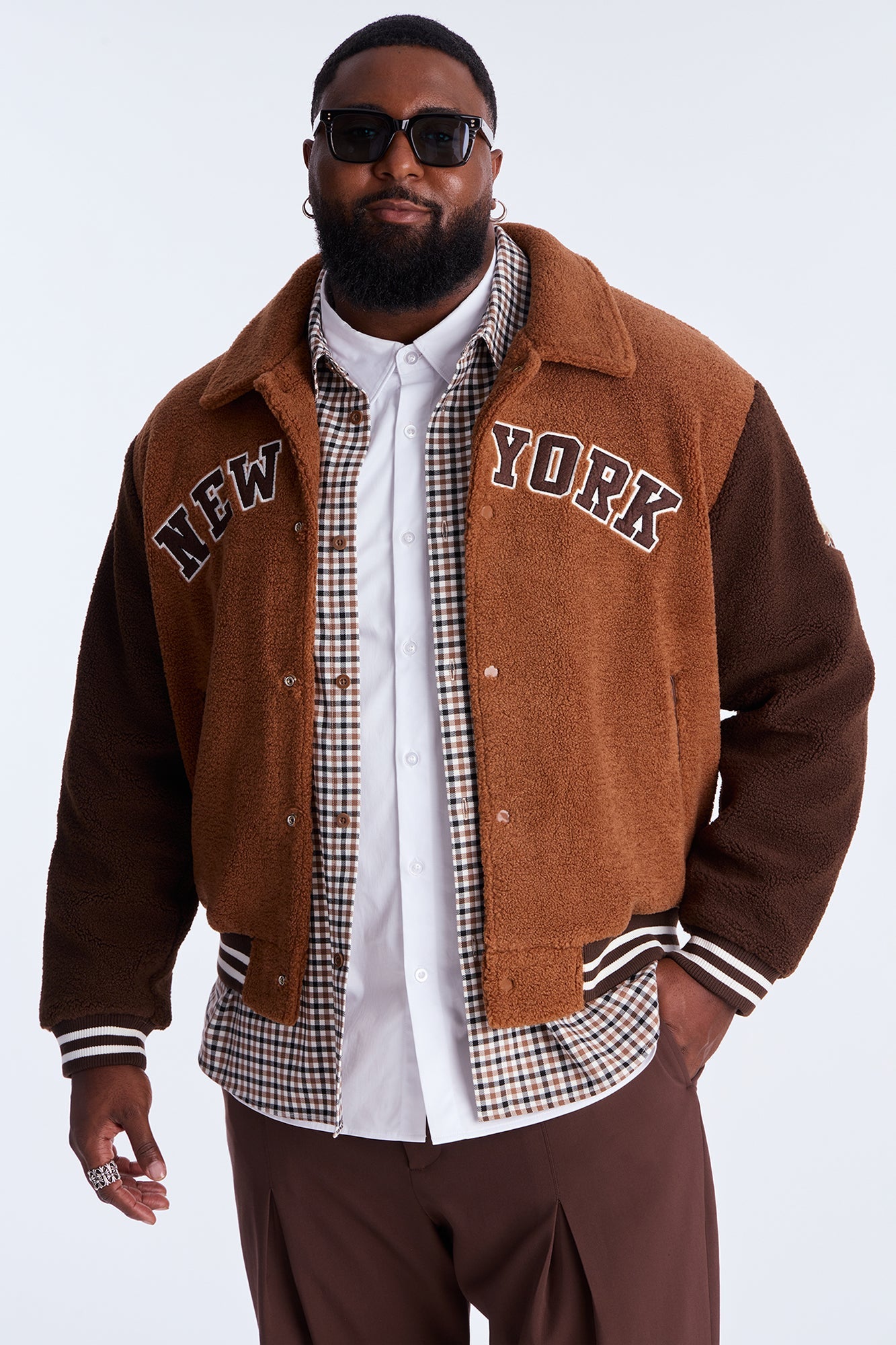 Relaxed Textured New York Sherpa Varsity Jacket - Brown/combo