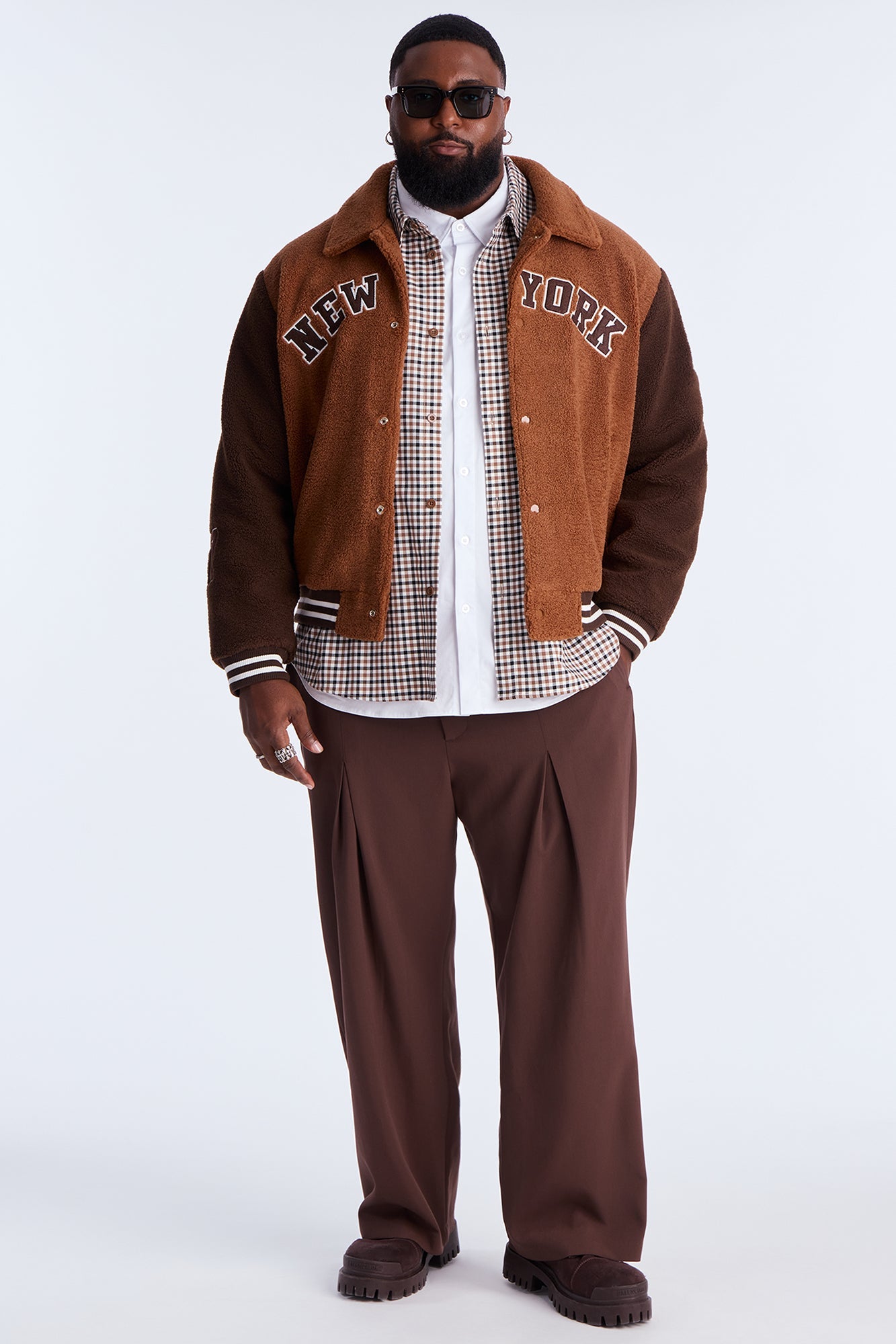 Relaxed Textured New York Sherpa Varsity Jacket - Brown/combo