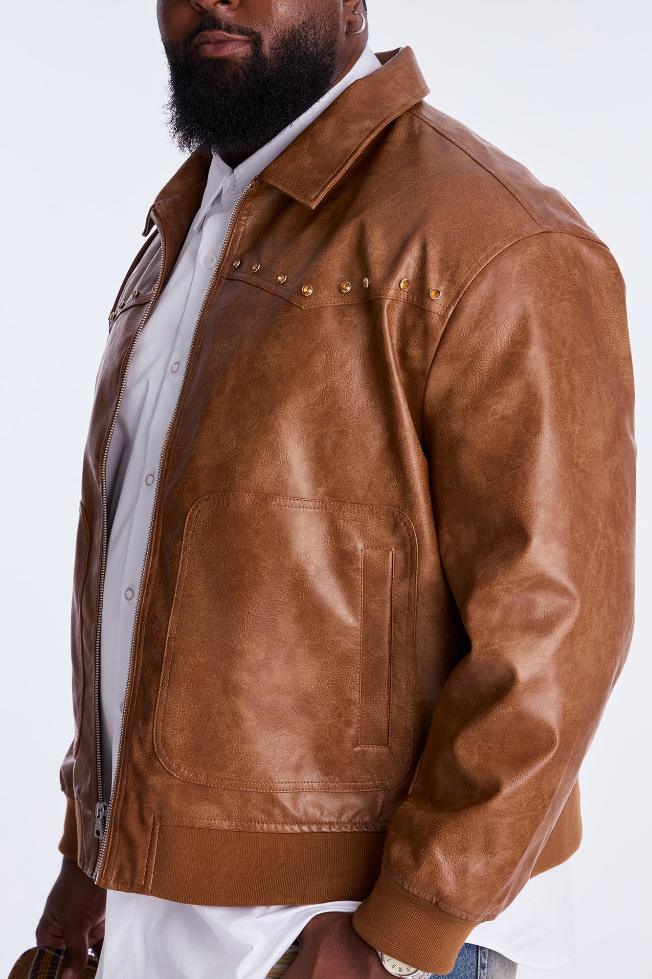 Western Rhinestone Faux Leather Jacket - Brown