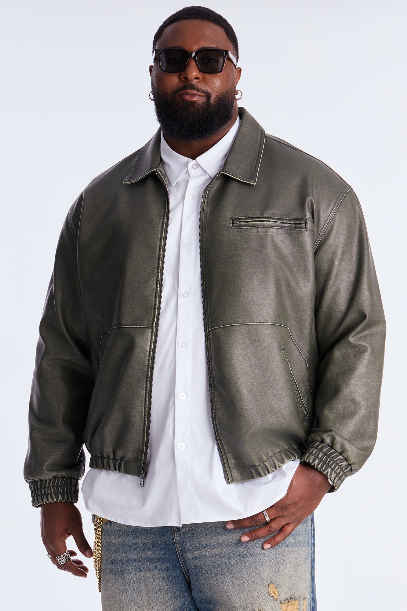 Relaxed Faux Leather Blurred Lines Zip Jacket - Green