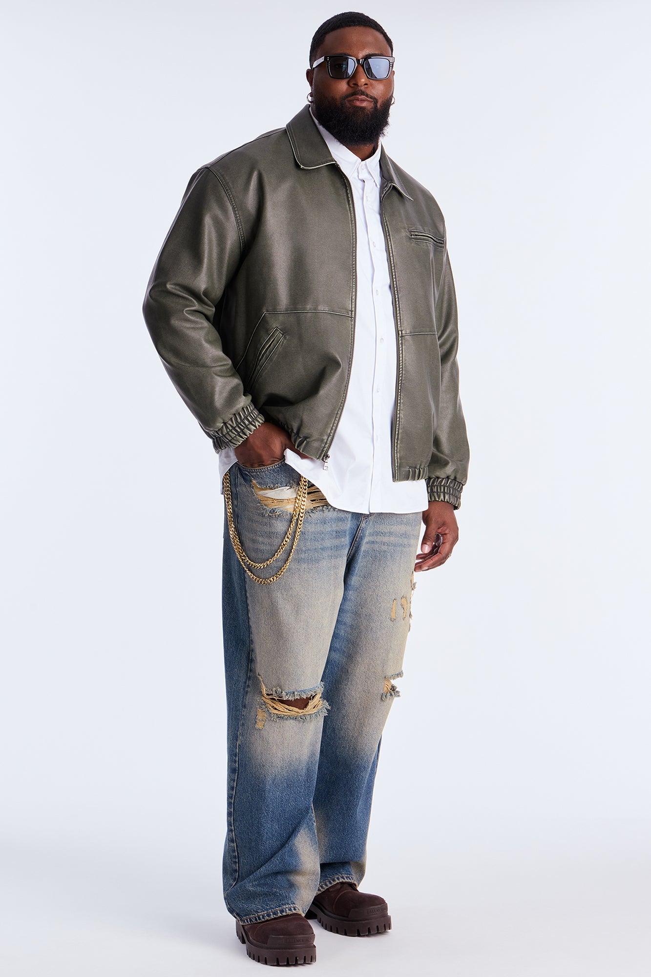 Relaxed Faux Leather Blurred Lines Zip Jacket - Green