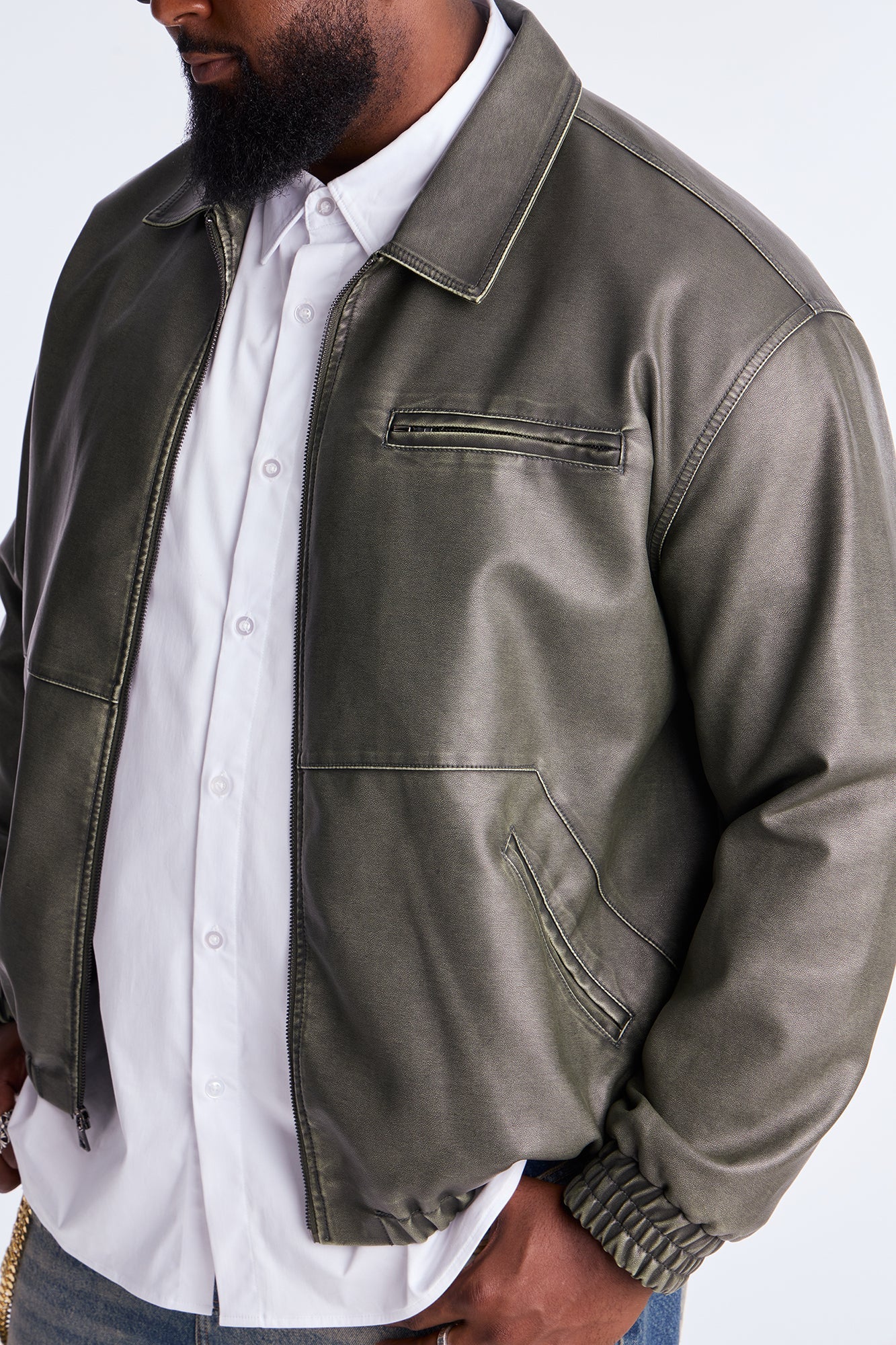 Relaxed Faux Leather Blurred Lines Zip Jacket - Green