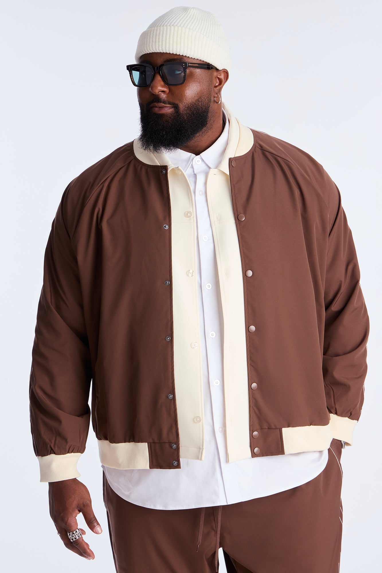 Suit Up Contrast Tipped Bomber Jacket - Brown