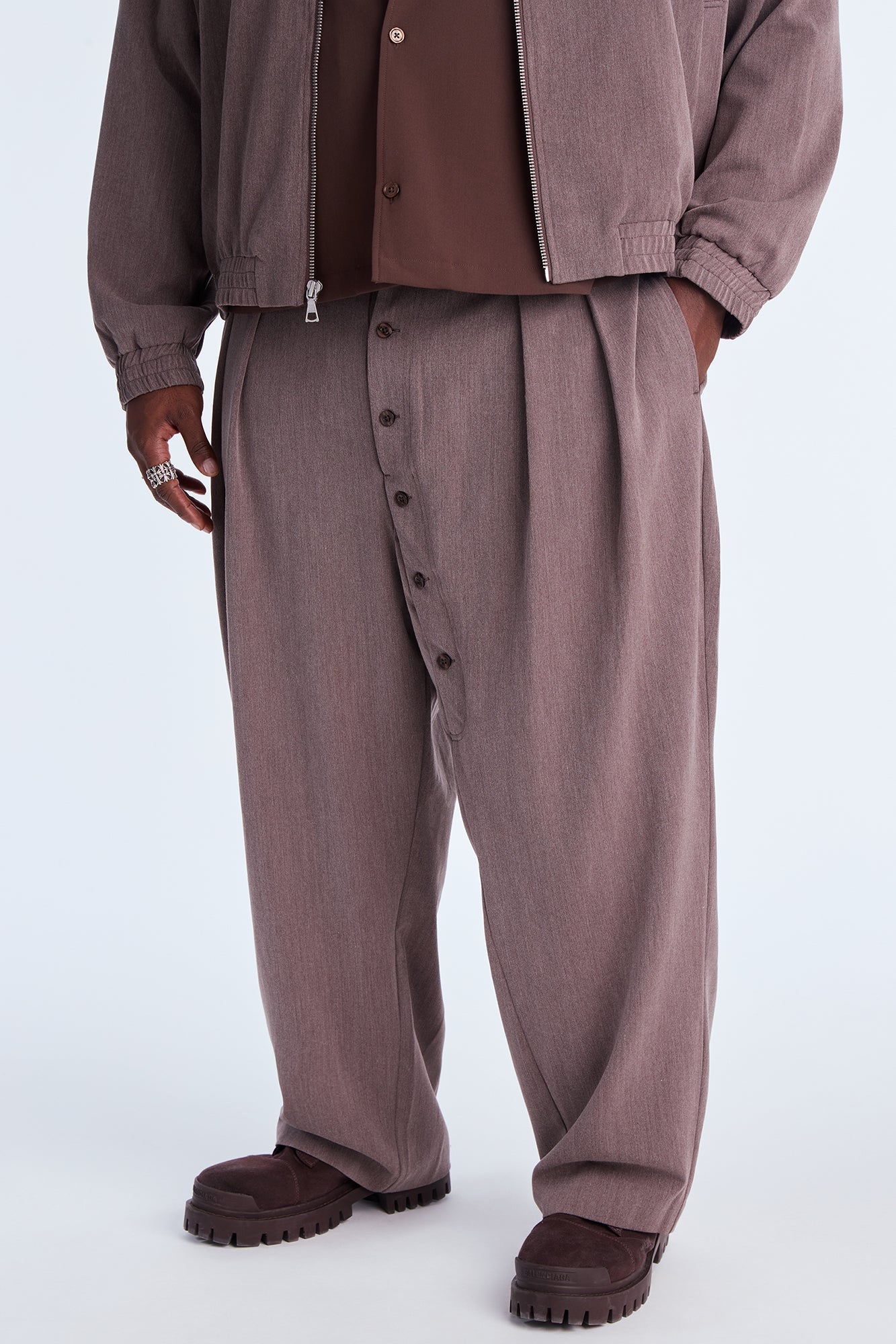 Baggy Upper East Side Asymmetrical Button Trouser - Brown