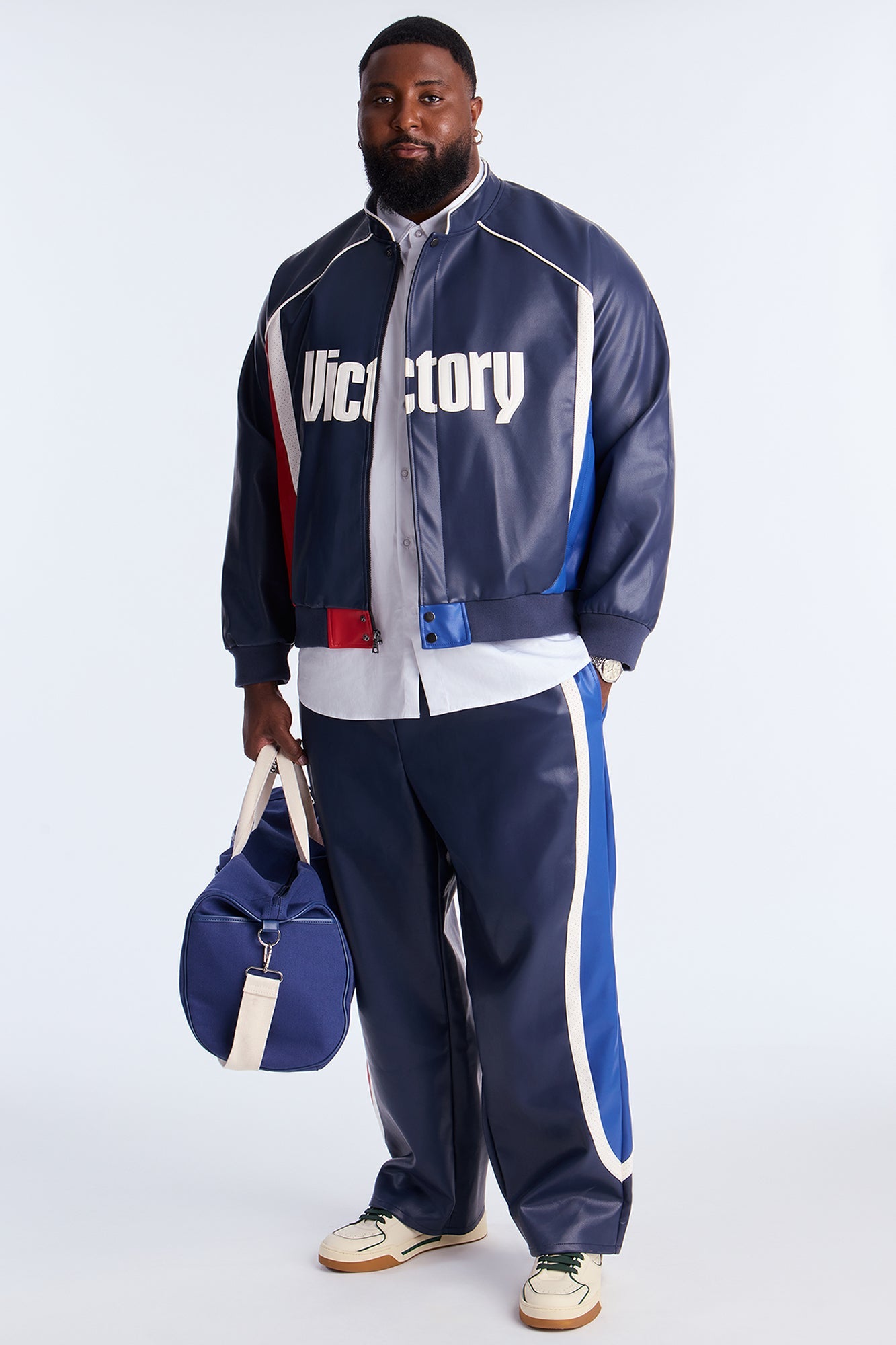 King Faux Leather Moto Bomber Jacket - Navy/combo