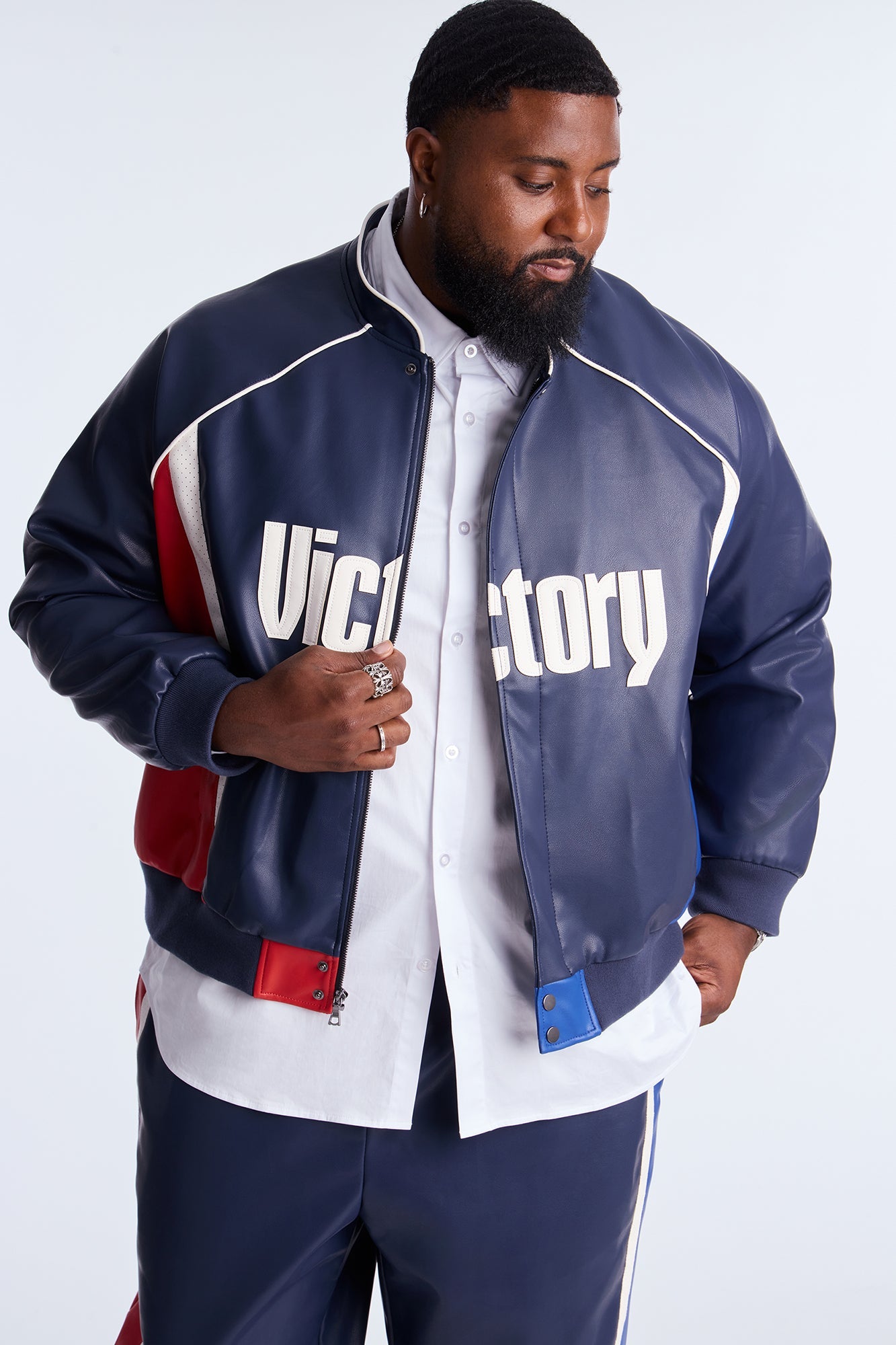King Faux Leather Moto Bomber Jacket - Navy/combo