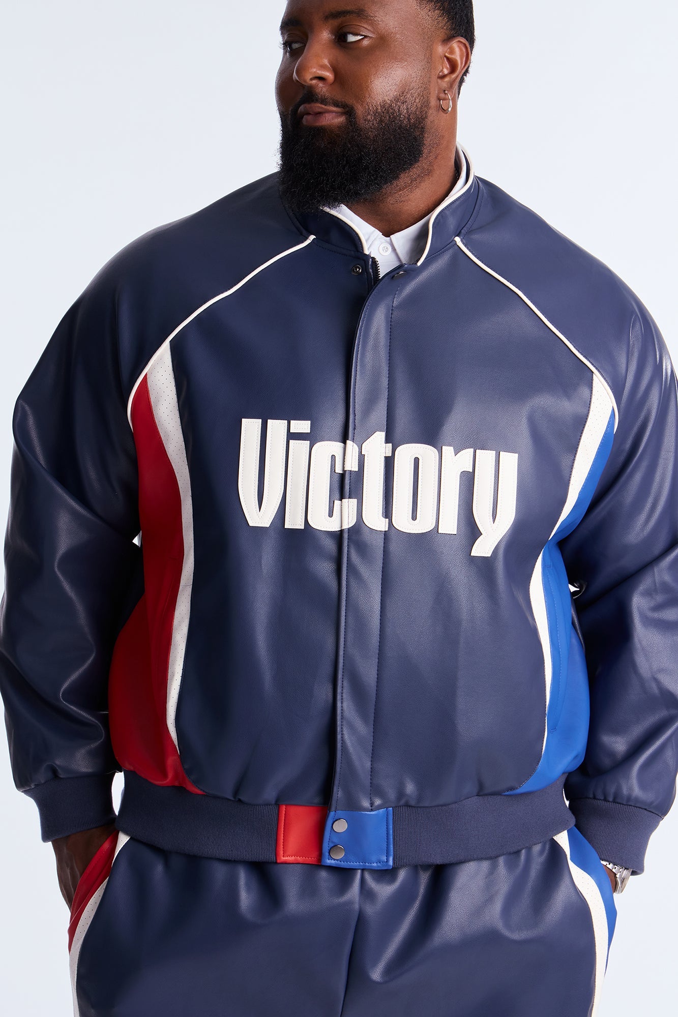 King Faux Leather Moto Bomber Jacket - Navy/combo